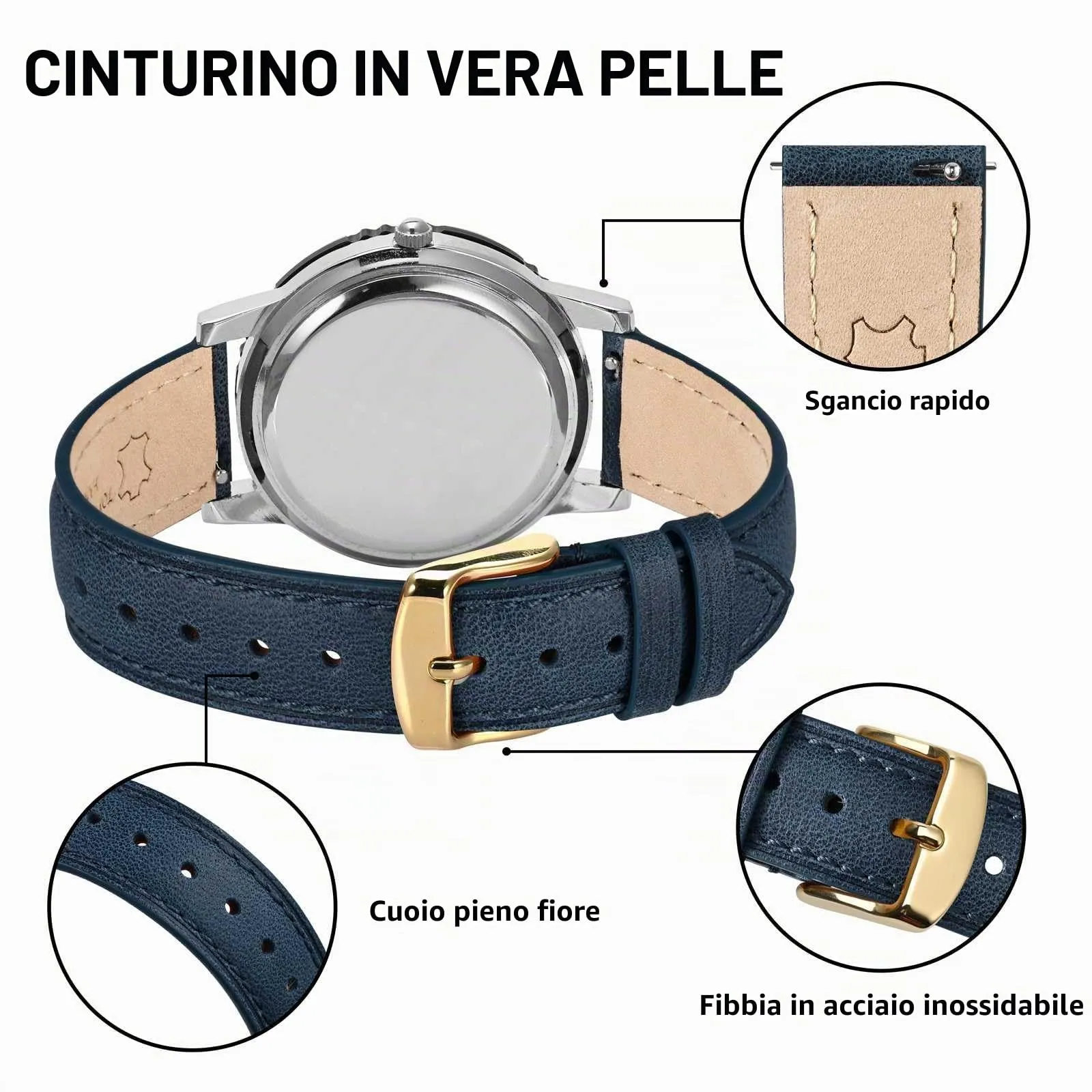 BISONSTRAP Cinturino per Orologi in Pelle, Sgancio Rapido, 18mm, Blu (Fibbia Oro) - immagine 4