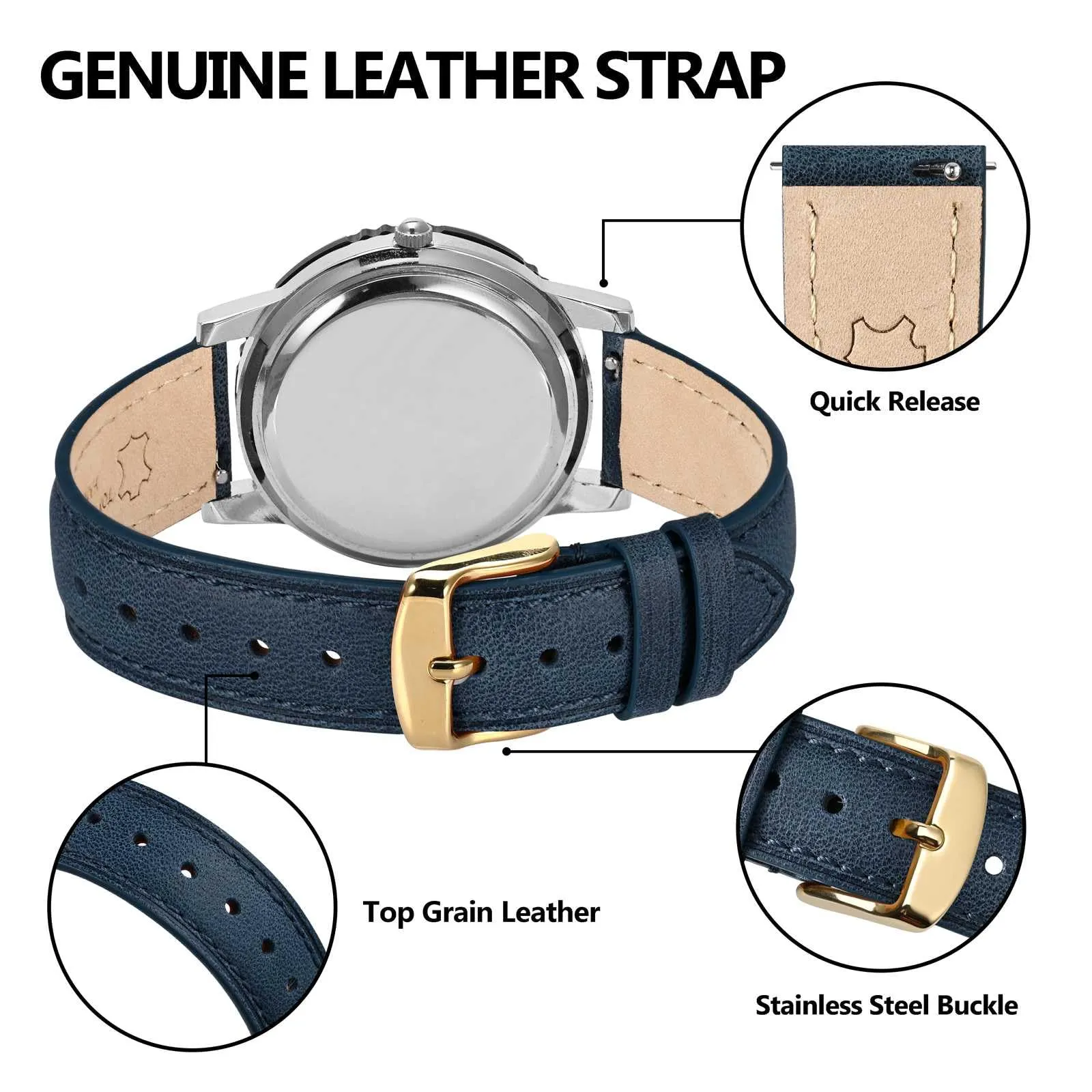 BISONSTRAP Cinturino in Pelle con Sgancio Rapido, 14mm, Blu (Fibbia Oro) - immagine 4