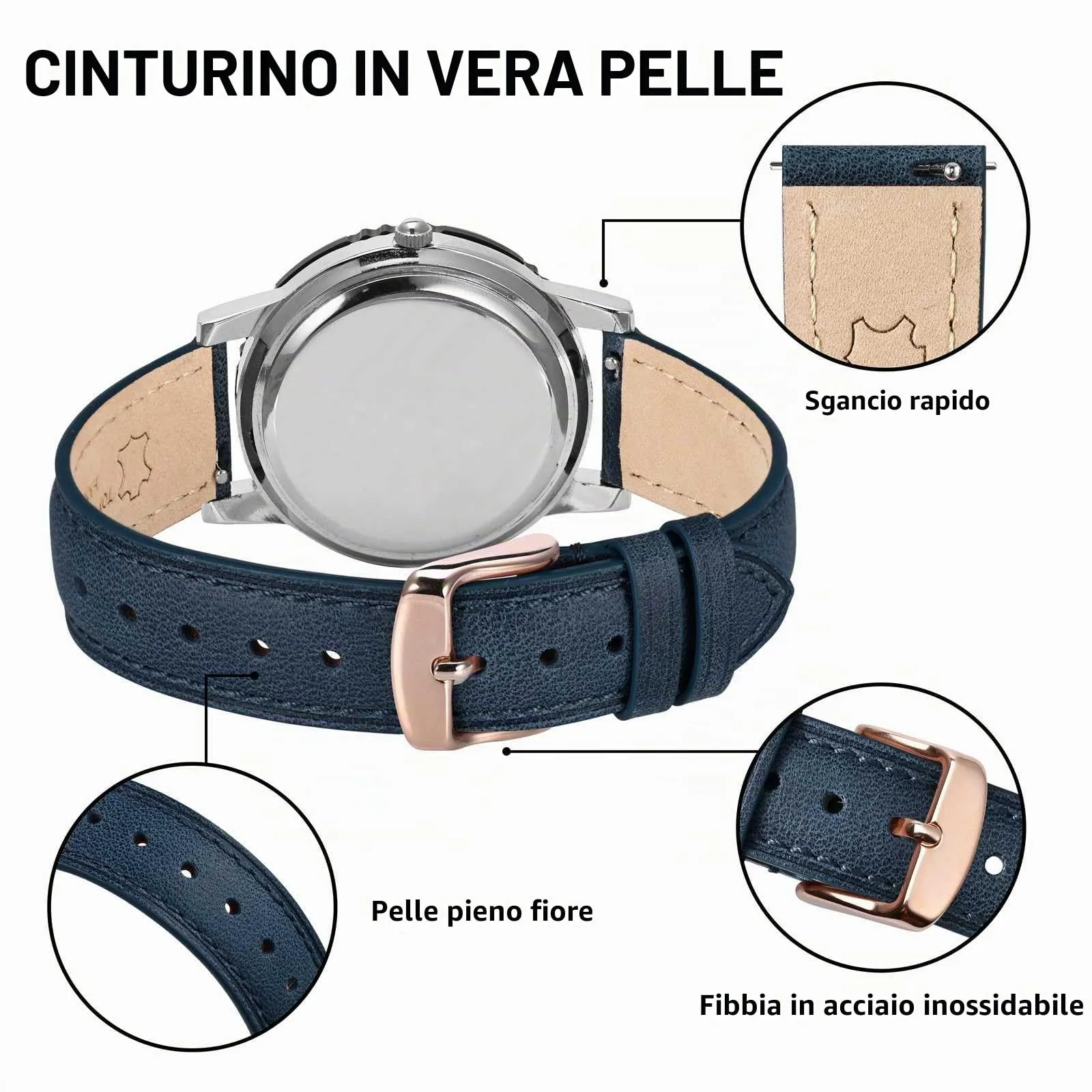 BISONSTRAP Cinturino in Pelle con Sgancio Rapido, 12mm, Blu (Fibbia Oro Rosa) - immagine 4
