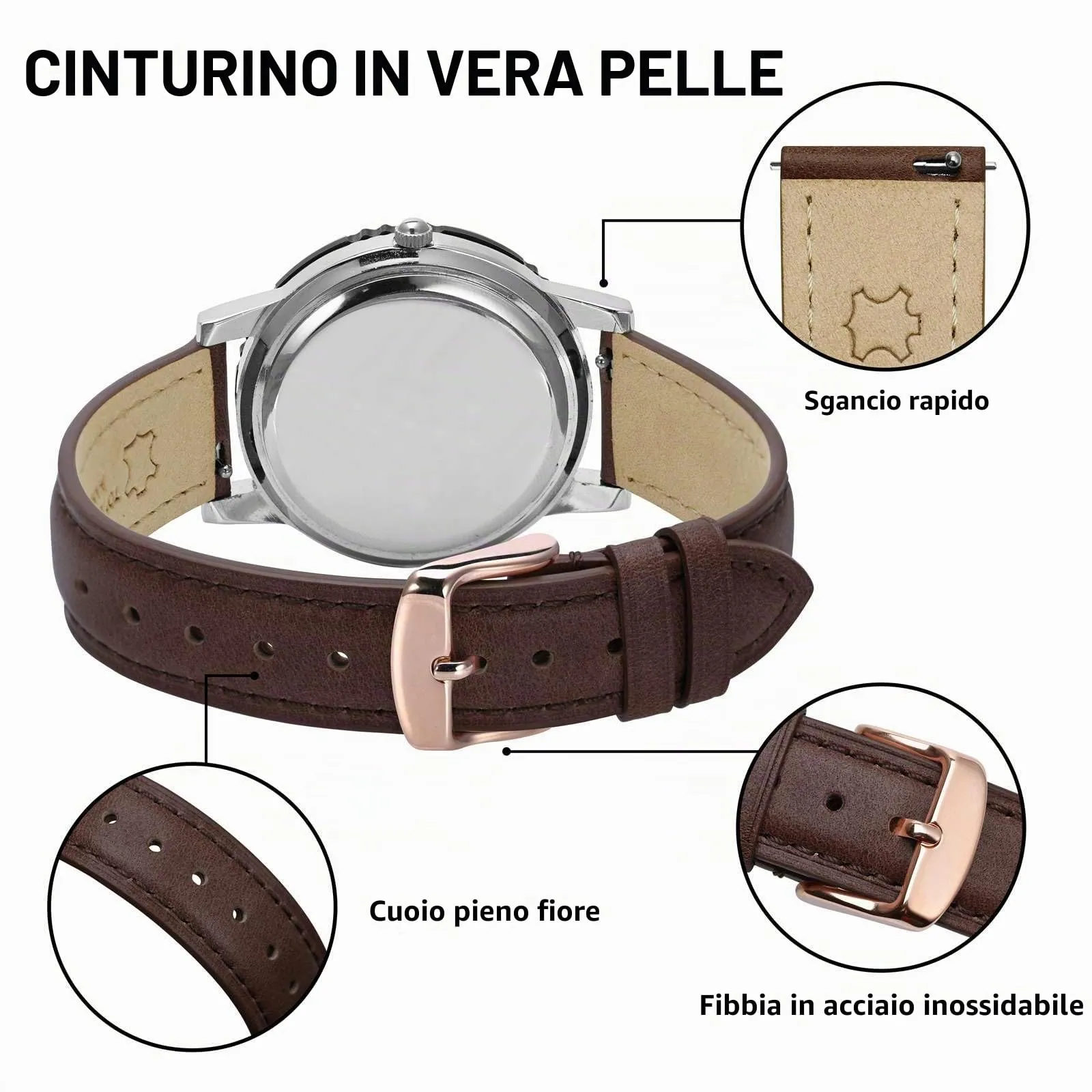 BISONSTRAP Cinturino in Pelle con Sgancio Rapido, 14mm, Marrone Scuro (Fibbia Oro Rosa) - immagine 4