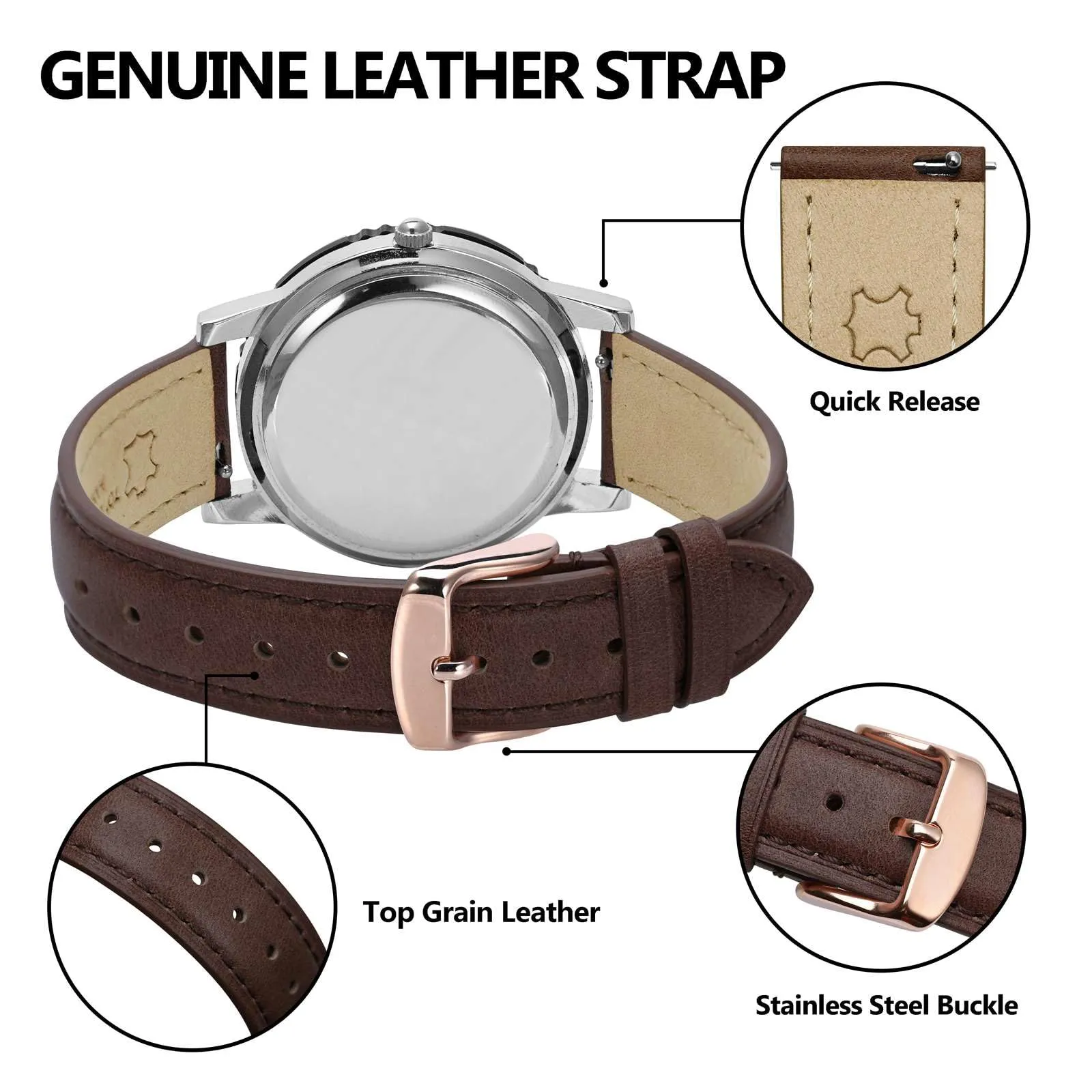 BISONSTRAP Cinturino in Pelle Sgancio Rapido, 15mm, Marrone Scuro (Fibbia Oro Rosa) - immagine 4