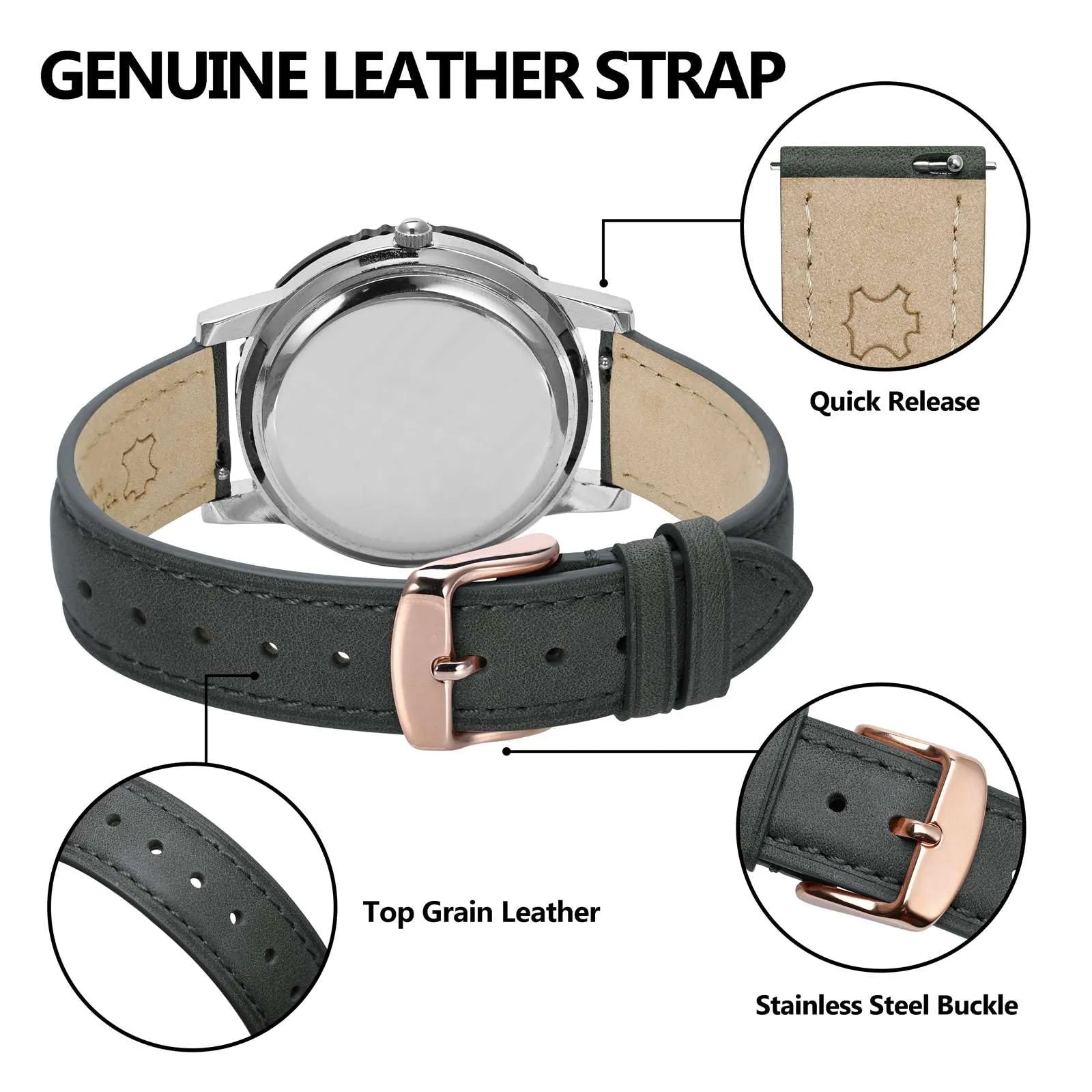 BISONSTRAP Cinturino in Pelle con Sgancio Rapido, 12mm, Grigio Scuro (Fibbia Oro Rosa) - immagine 4