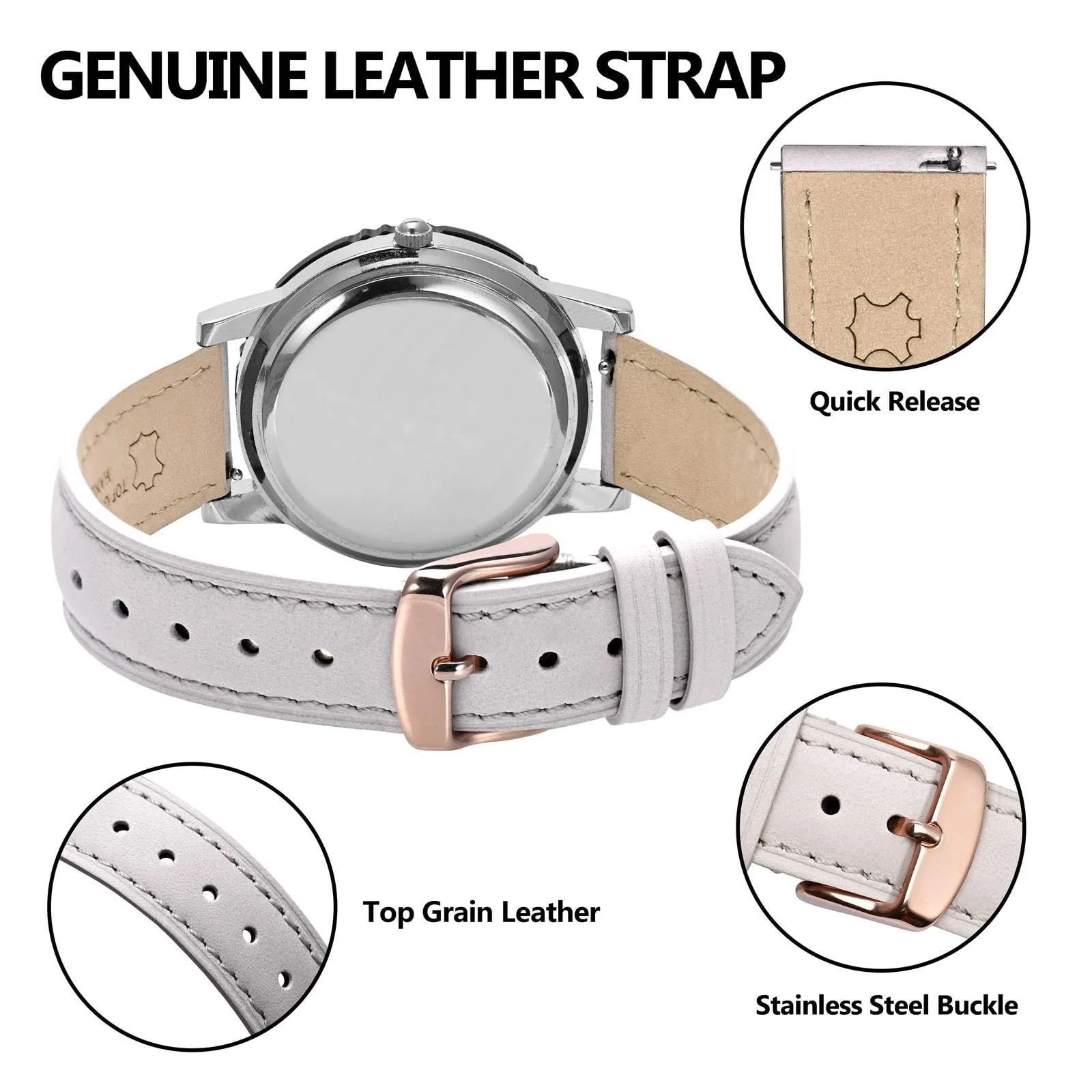 BISONSTRAP Cinturino per Orologi in Pelle Sgancio Rapido, 16mm, Bianco Fibbia Oro Rosa - immagine 4