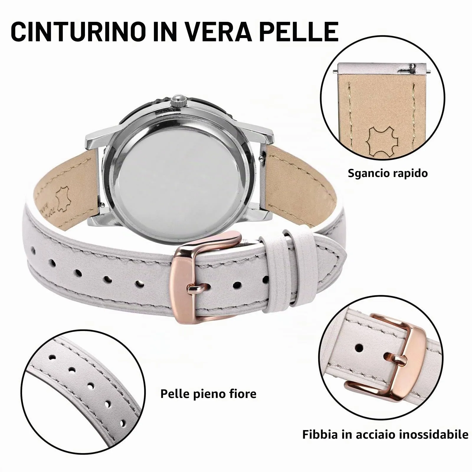 BISONSTRAP Cinturino in Pelle con Sgancio Rapido, 20mm, Bianco (Fibbia Oro Rosa) - immagine 4