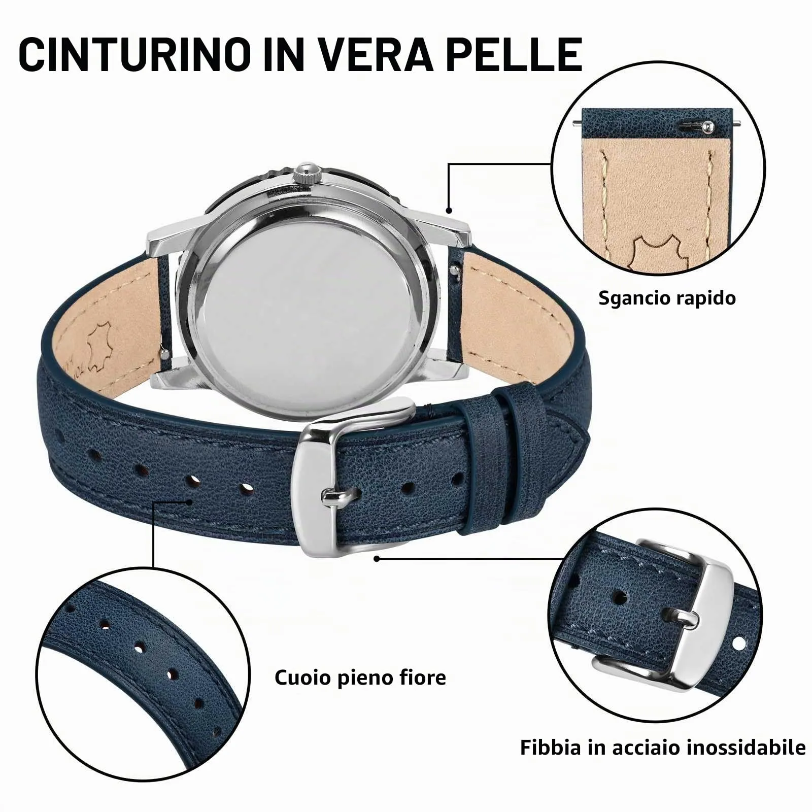 BISONSTRAP Cinturino in Pelle con Sgancio Rapido, 18mm, Blu (Fibbia Argento) - immagine 4