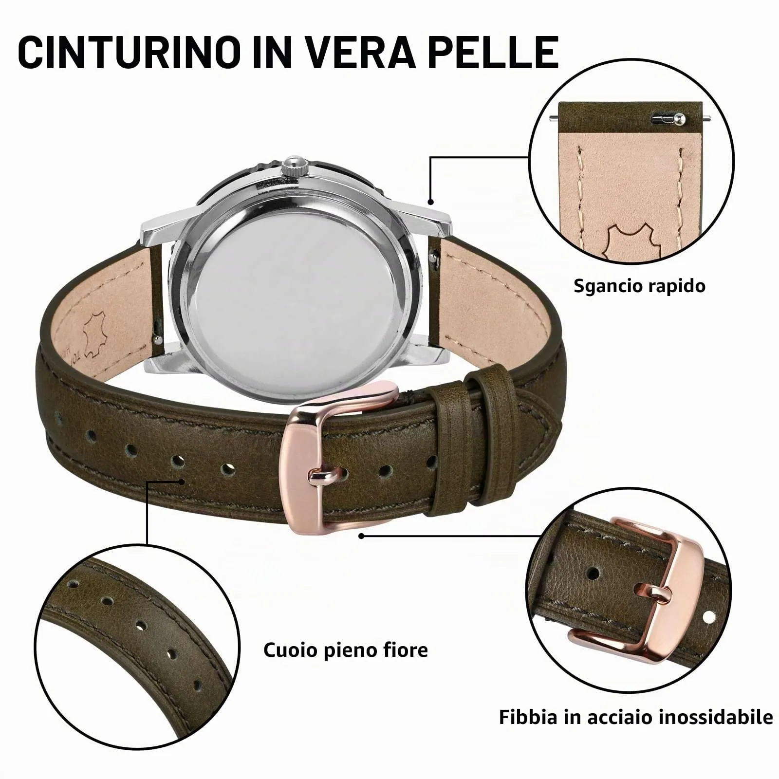 BISONSTRAP Cinturino in Pelle con Sgancio Rapido, 16mm, Verde Marrone (Fibbia Oro Rosa) - immagine 4