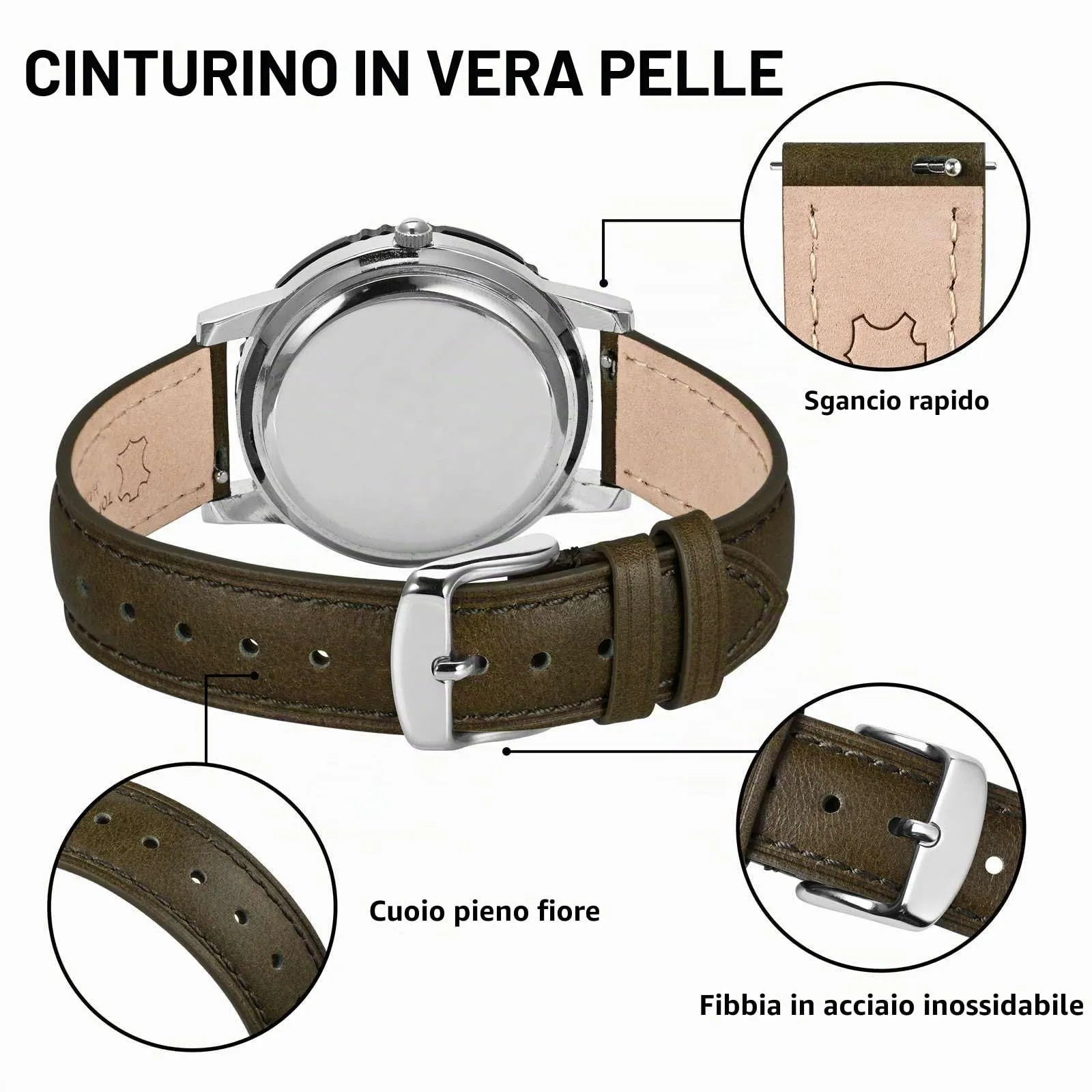 BISONSTRAP Cinturino per Orologi in Pelle, Sgancio Rapido, 18mm, Verde Marrone (Fibbia Argento) - immagine 4