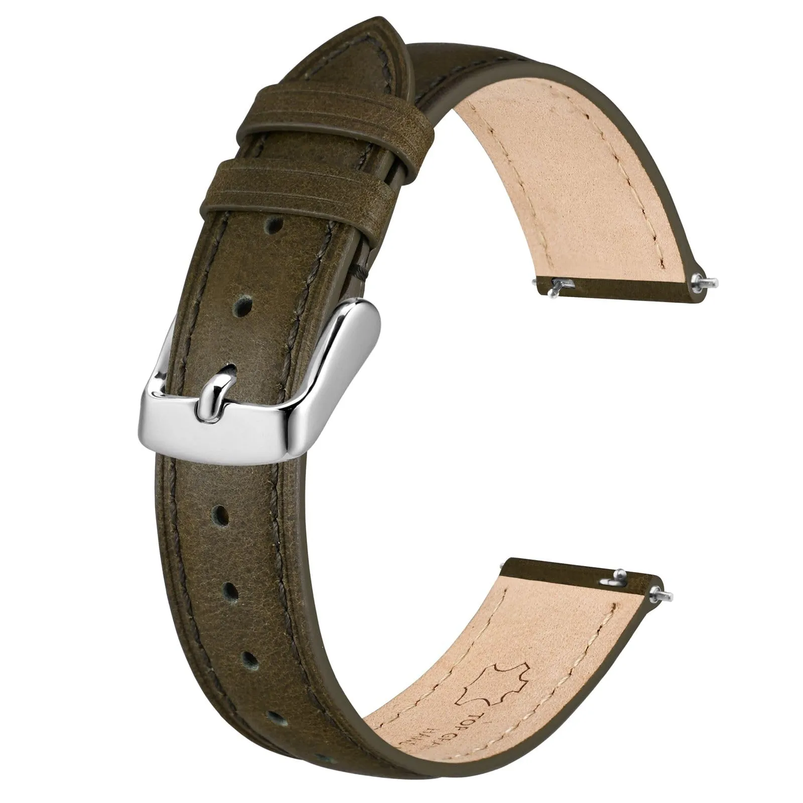 BISONSTRAP Cinturino in Pelle Sgancio Rapido, 20mm, Verde Marrone (Fibbia Argento) - immagine 1