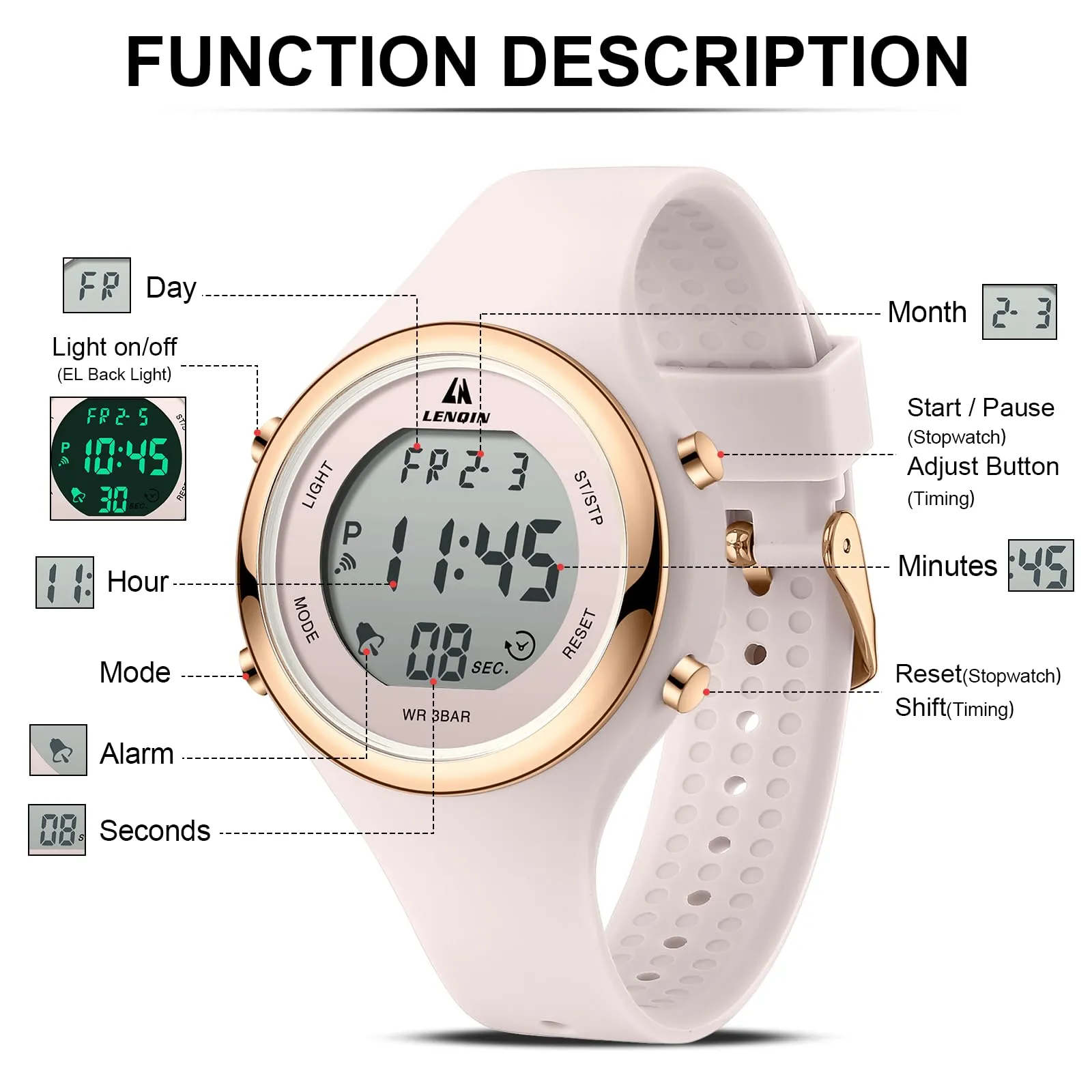 LN LENQIN Orologio Digitale da Donna Sportivo Cinturino Silicone 3ATM - immagine 6