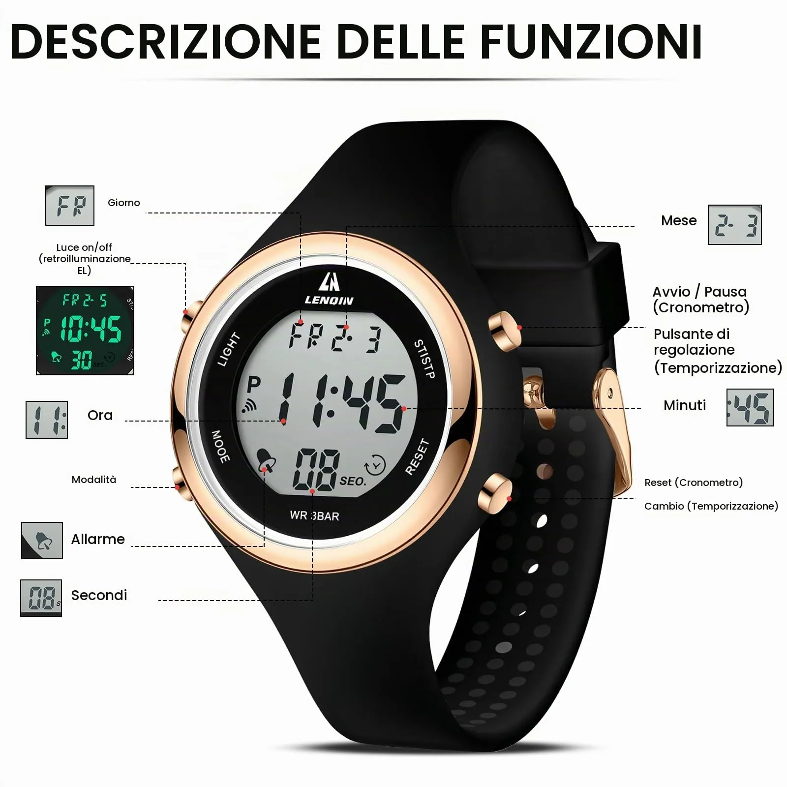 LN LENQIN Orologio Digitale da Donna Sportivo Cinturino Silicone 3ATM R046 - immagine 6