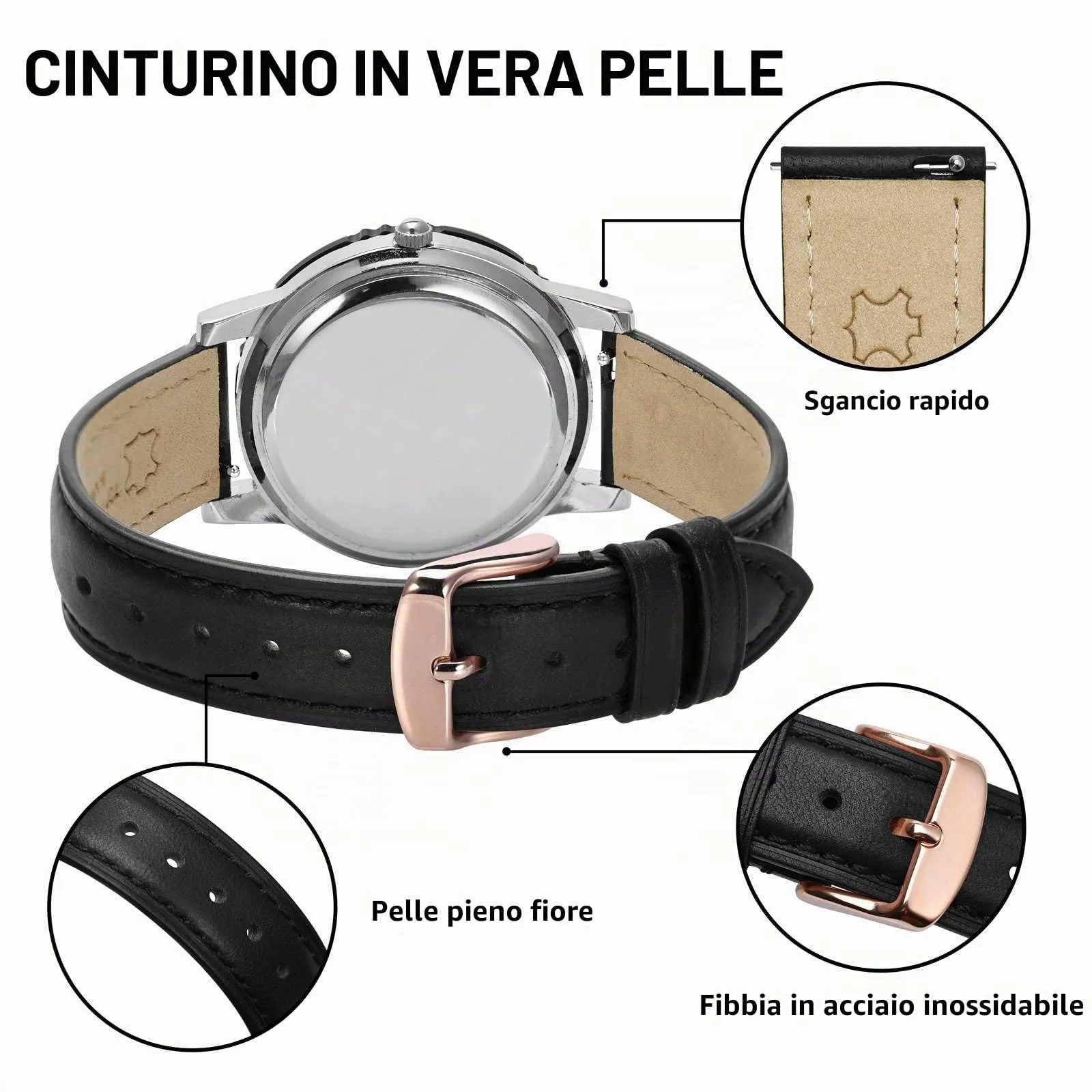 BISONSTRAP Cinturino in Pelle con Sgancio Rapido, 12mm, Nero (Fibbia Oro Rosa) - immagine 4