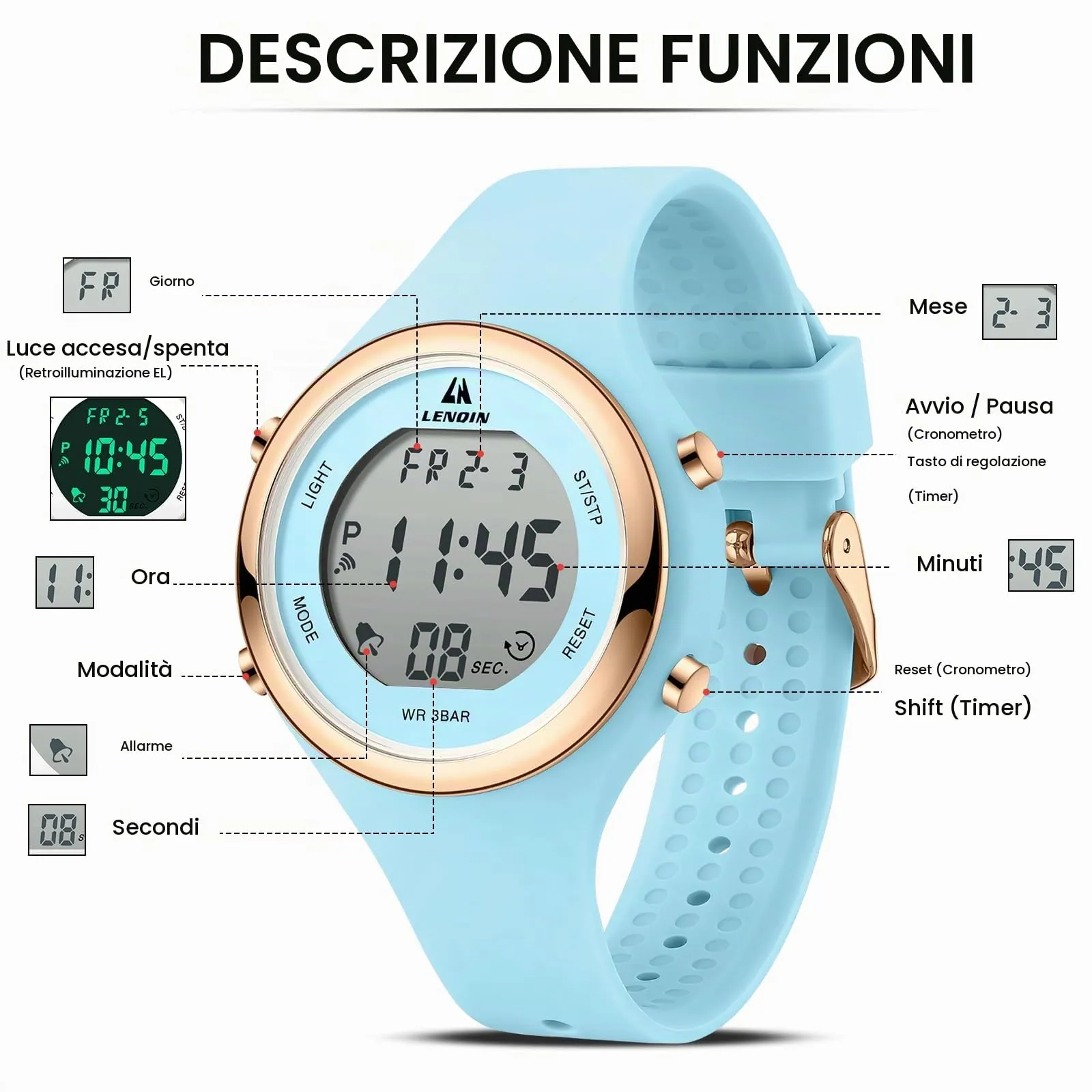 LN LENQIN Orologio Digitale da Donna Sportivo Cinturino Silicone 3ATM - immagine 6