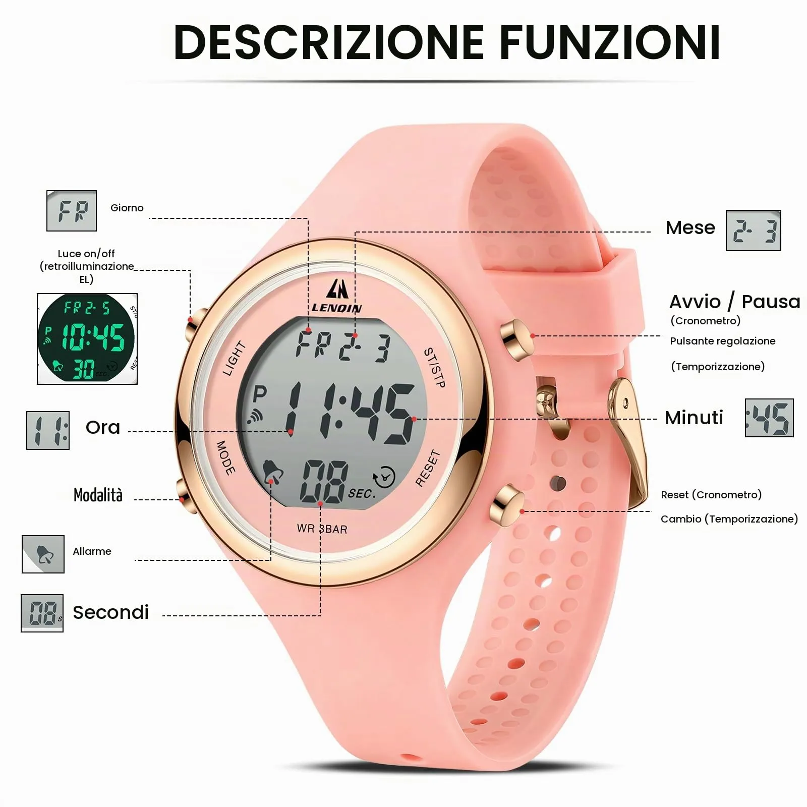 LN LENQIN Orologio Digitale da Donna Sportivo, Cinturino in Silicone, 3ATM, Rosa, R046 - immagine 6
