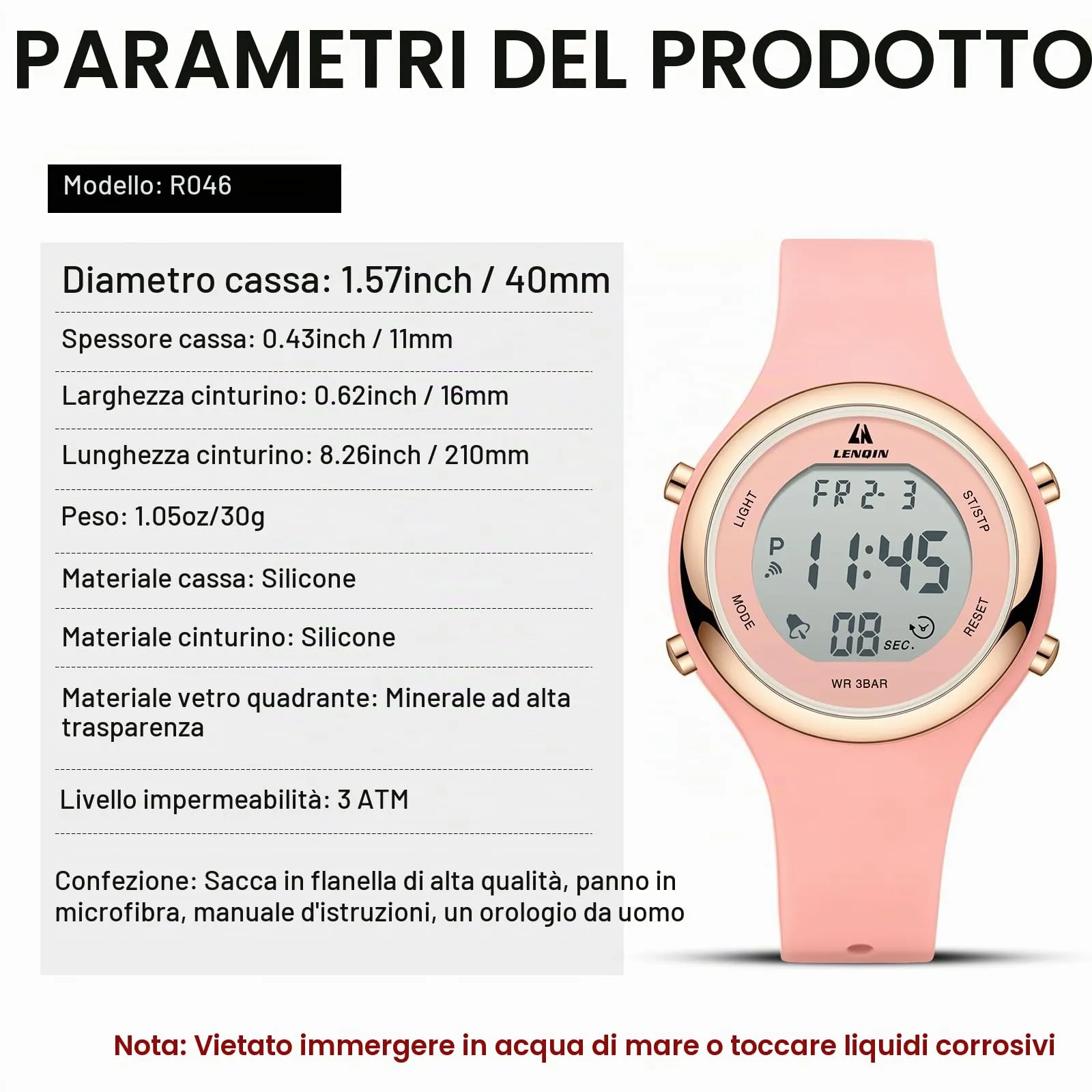 LN LENQIN Orologio Digitale da Donna Sportivo, Cinturino in Silicone, 3ATM, Rosa, R046 - immagine 7