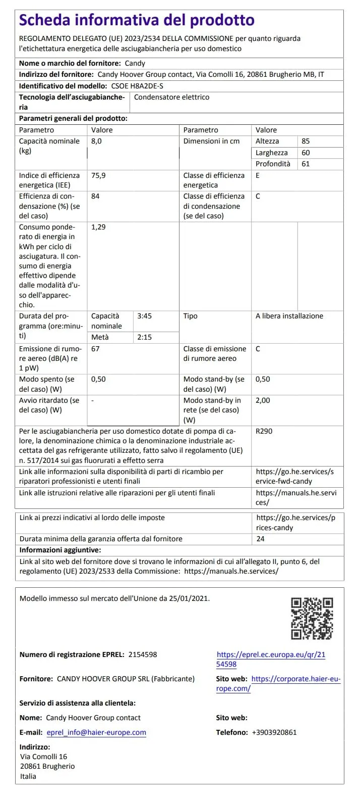 Candy Smart Pro CSOE H8A2DE-S Asciugatrice a Pompa di Calore, 8 Kg, Bianco - immagine 10