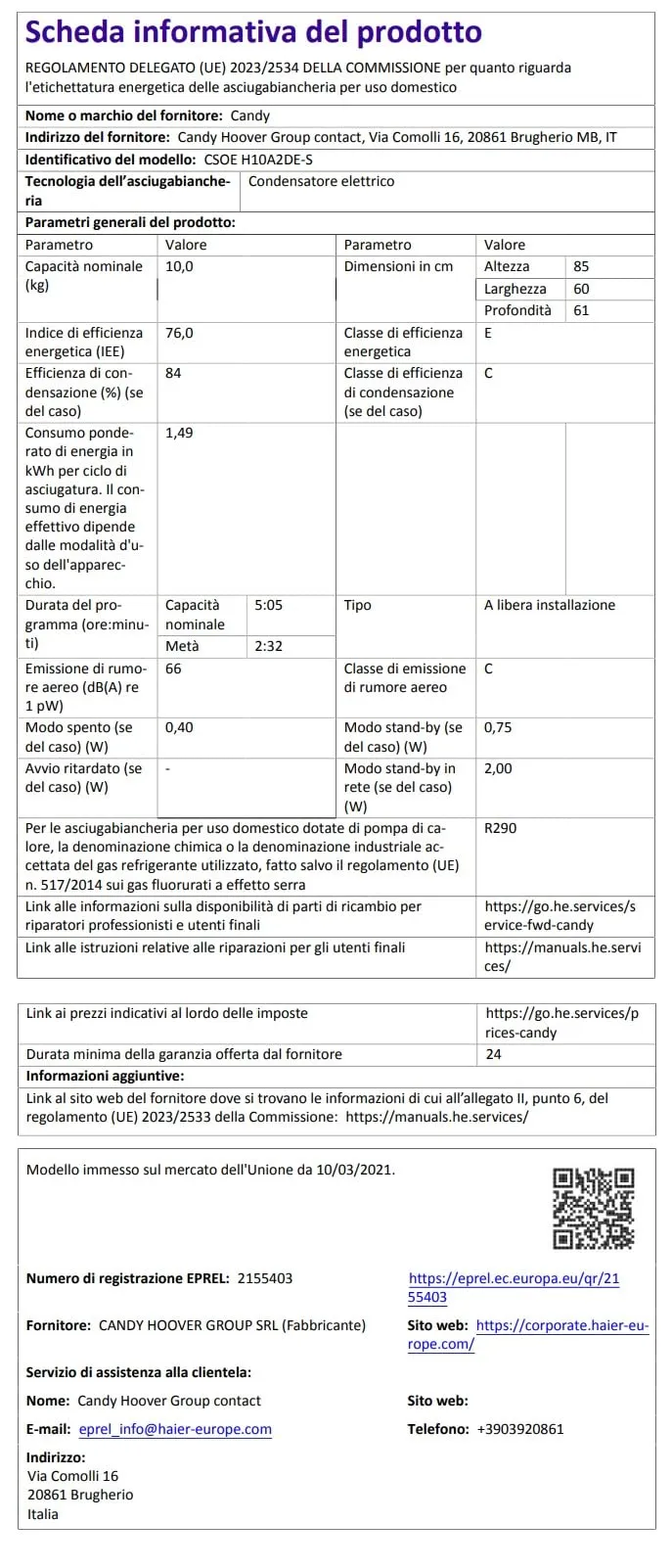 Candy Smart Pro Asciugatrice a Pompa di Calore 10 Kg, Wi-Fi, Bianca - CSOE H10A2DE-S - immagine 10