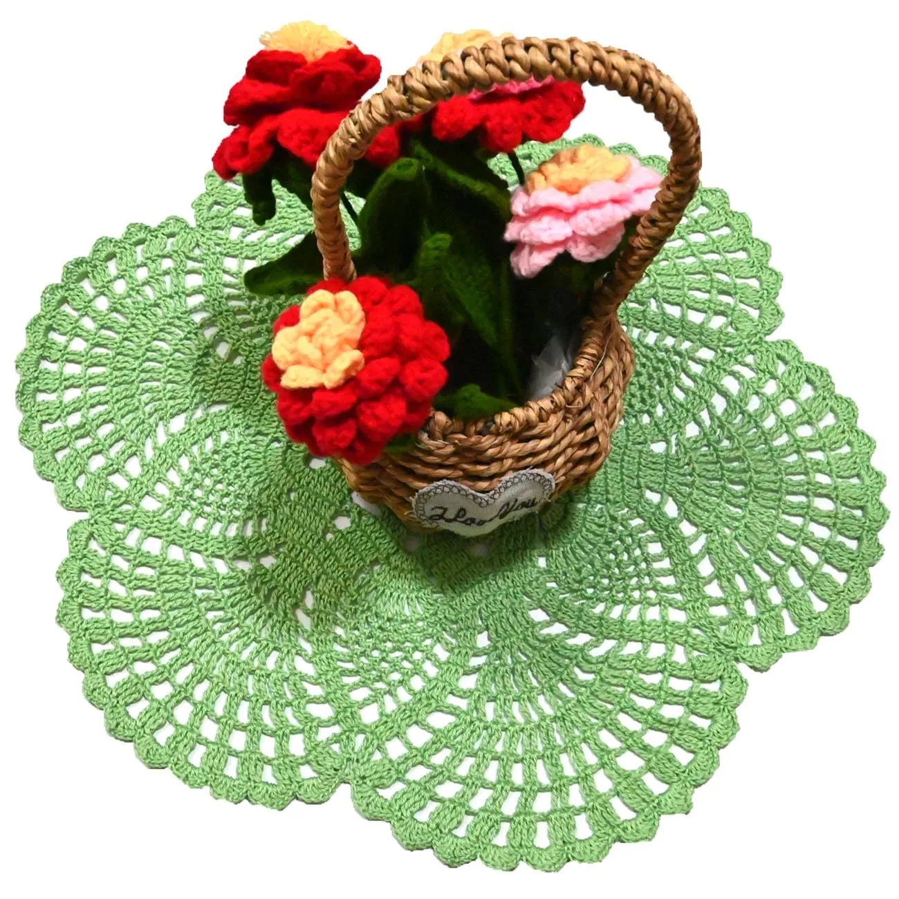 BOMHCS Tovagliette rotonde in pizzo all'uncinetto fatto a mano, motivo floreale 6 petali, 39,4 cm - 44,5 cm, verde mela - immagine 2