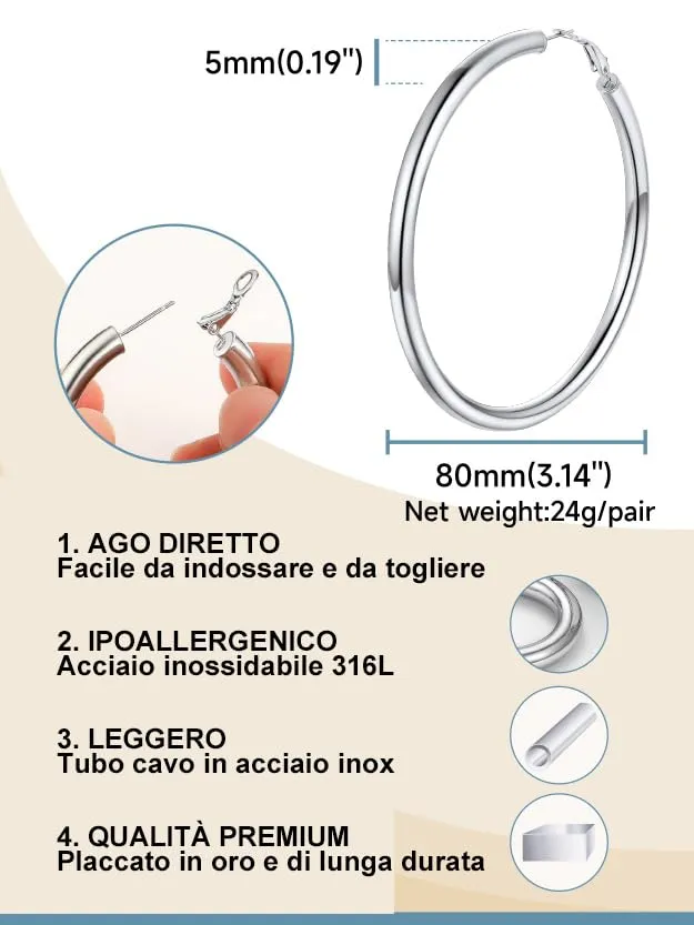 PROSTEEL Orecchini a Cerchio in Acciaio Inossidabile, 80mm, Argento - immagine 2