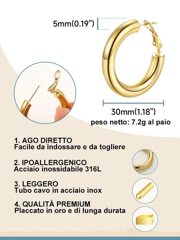 PROSTEEL Orecchini a Cerchio 30mm Oro - immagine 4