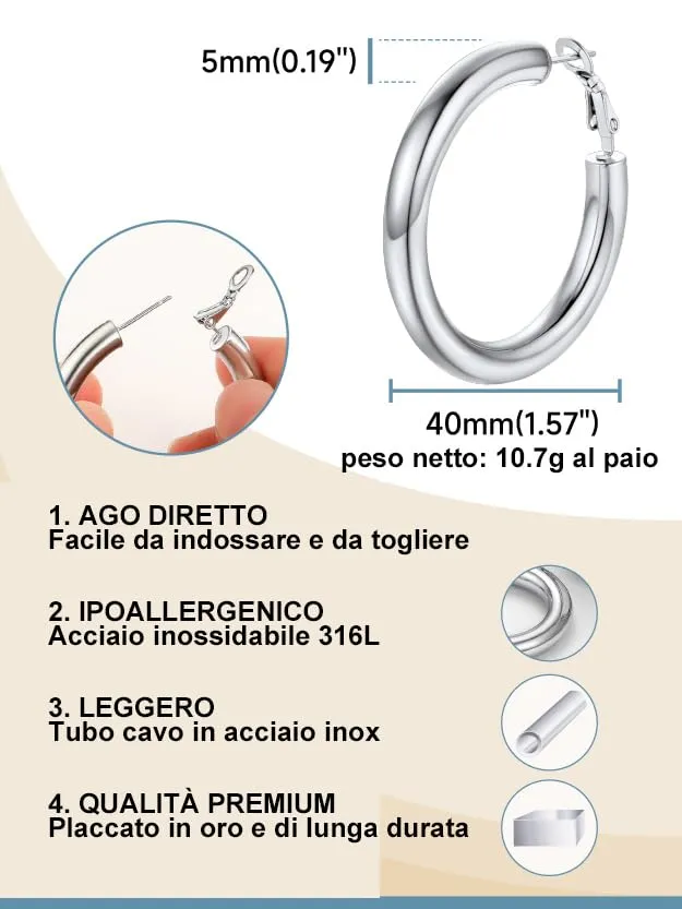PROSTEEL Orecchini a Cerchio in Acciaio Inossidabile 316L, 40mm, Argento - immagine 3