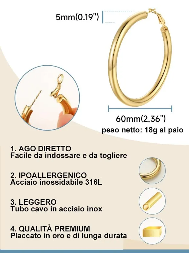 PROSTEEL Orecchini a Cerchio 60mm Oro - immagine 3