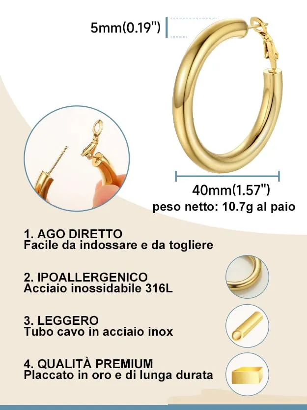 PROSTEEL Orecchini a Cerchio Oro 40mm Donna Anallergici - immagine 3