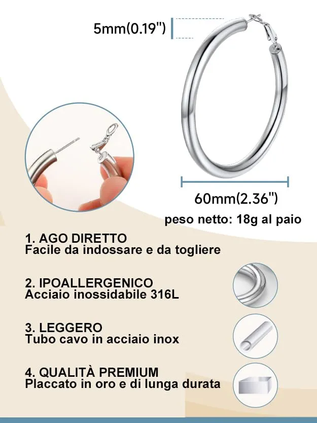 PROSTEEL Orecchini a Cerchio 60mm Argento - immagine 2