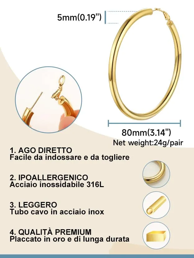 PROSTEEL Orecchini a Cerchio 80mm Oro - immagine 6