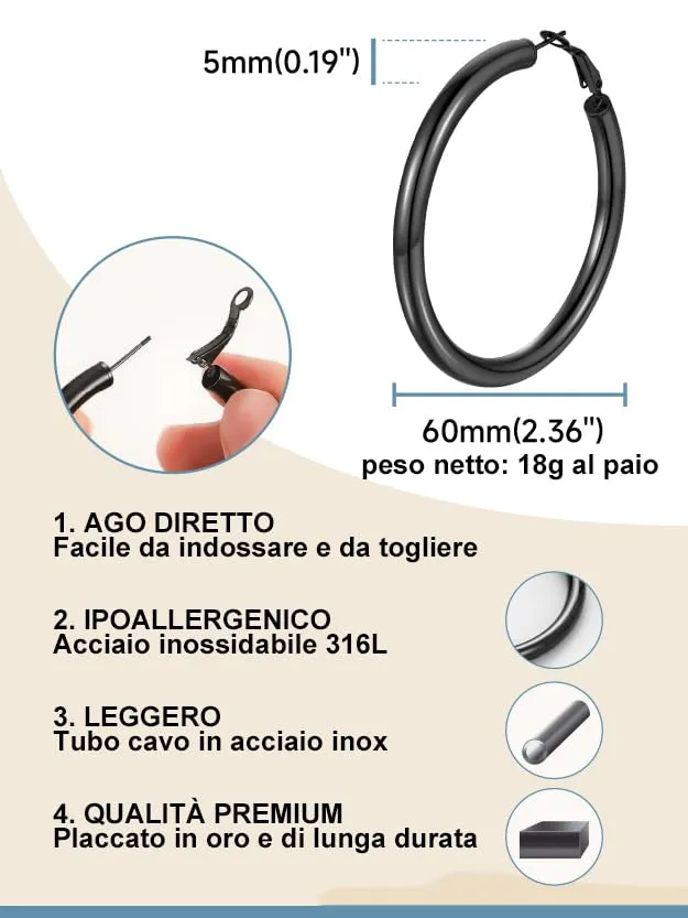 PROSTEEL Orecchini a Cerchio 60mm Nero - immagine 5