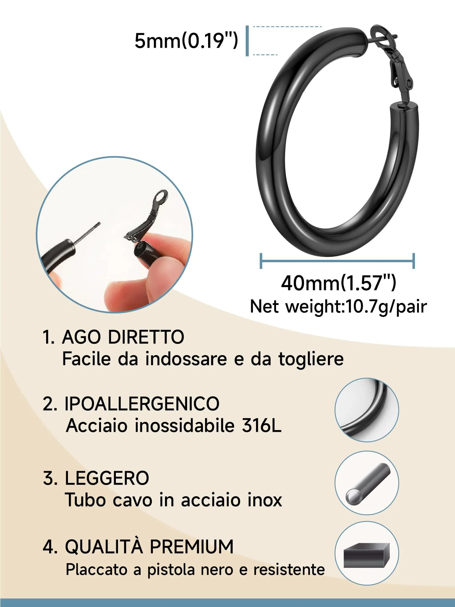 PROSTEEL Orecchini a Cerchio 40mm Nero - immagine 5
