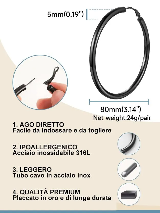 PROSTEEL Orecchini a Cerchio 80mm Nero - immagine 3