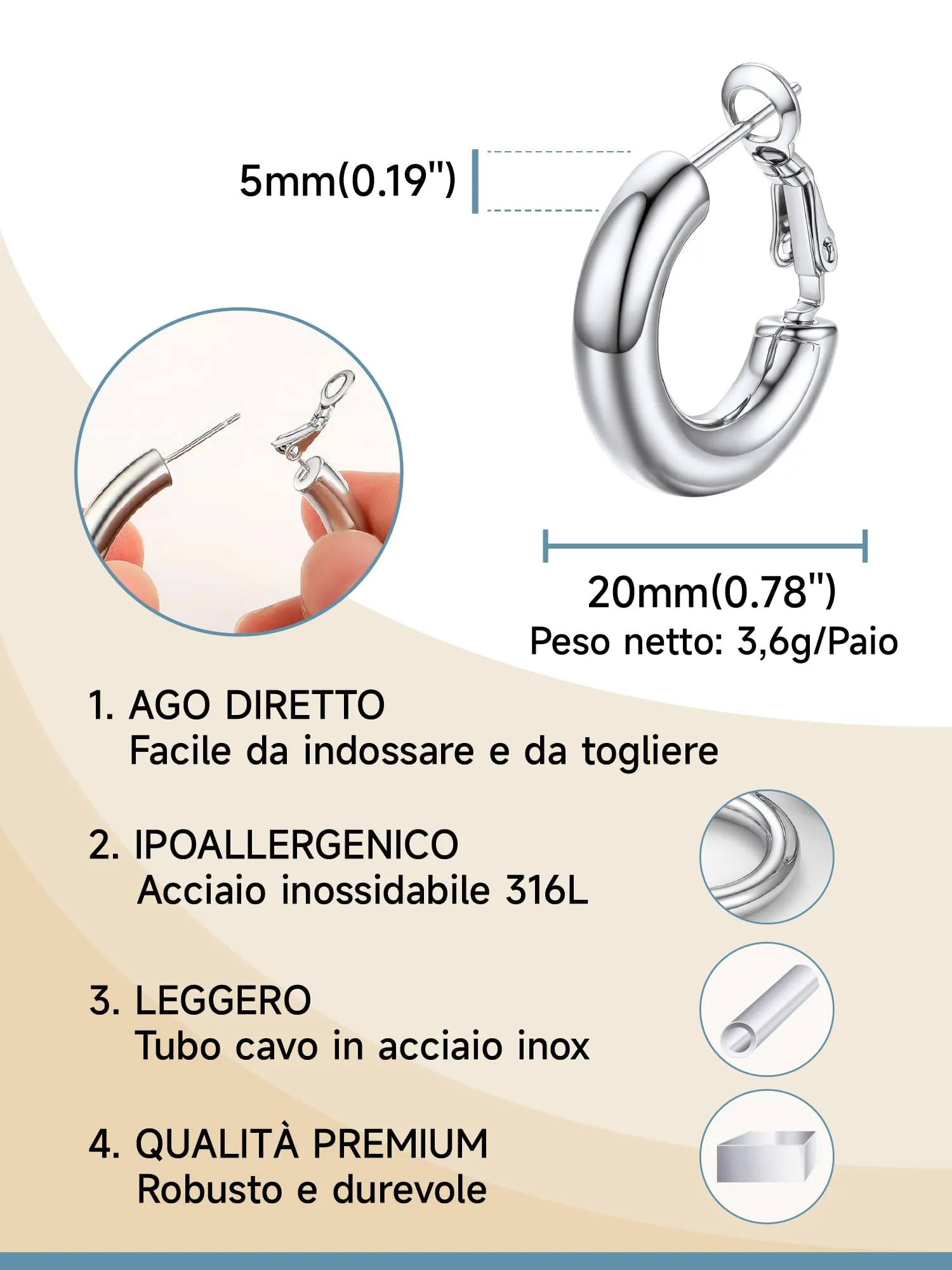 PROSTEEL Orecchini a Cerchio 20mm in Argento - immagine 2