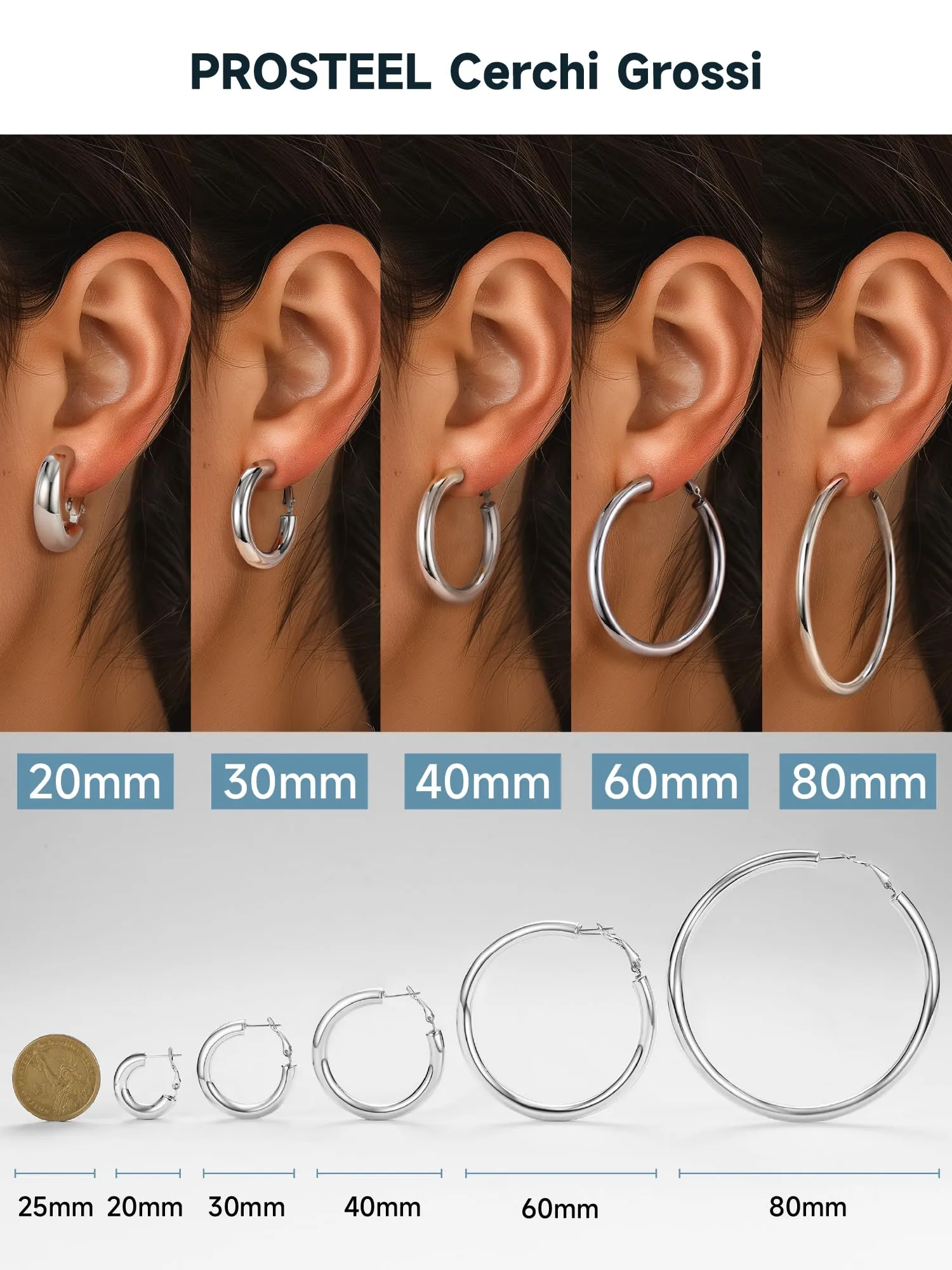 PROSTEEL Orecchini a Cerchio 20mm in Argento - immagine 4