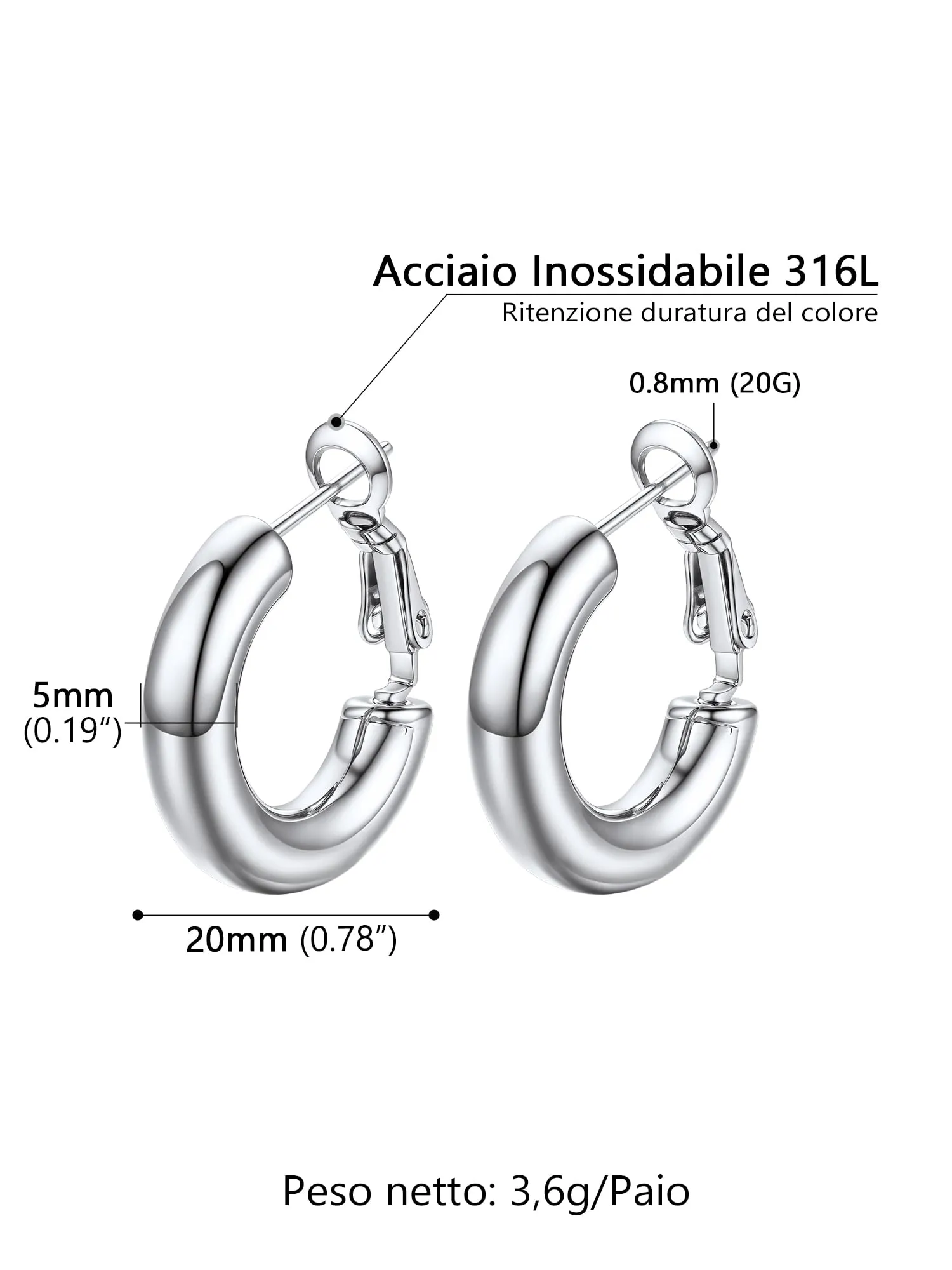 PROSTEEL Orecchini a Cerchio 20mm in Argento - immagine 6