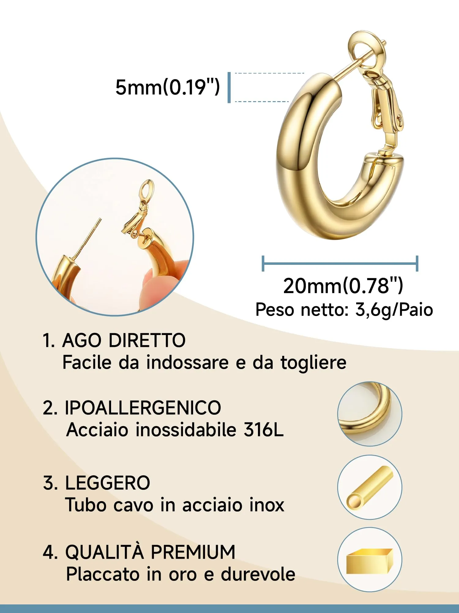 PROSTEEL Orecchini a Cerchio 20mm Oro - immagine 3