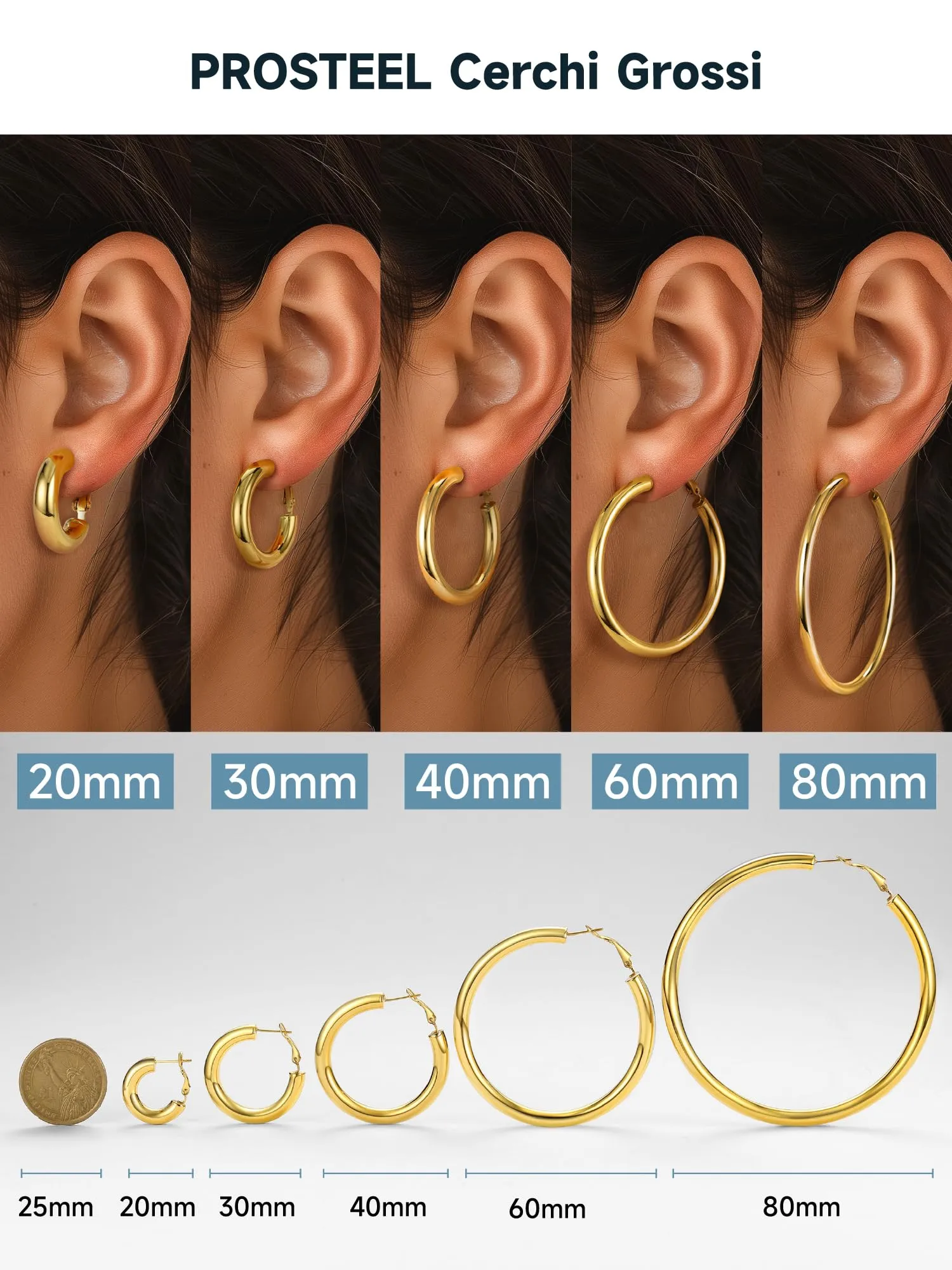 PROSTEEL Orecchini a Cerchio 20mm Oro - immagine 4