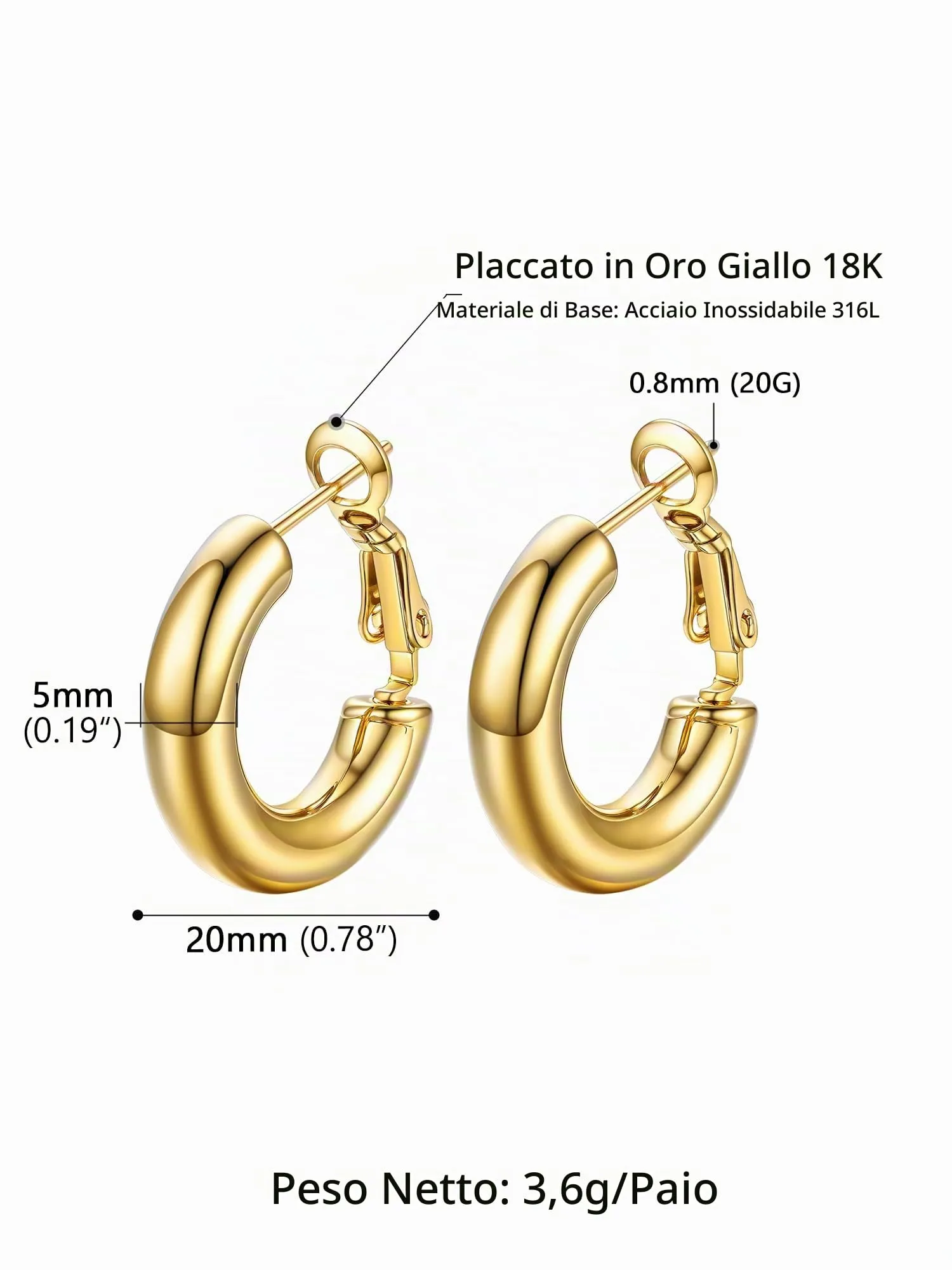 PROSTEEL Orecchini a Cerchio 20mm Oro - immagine 5