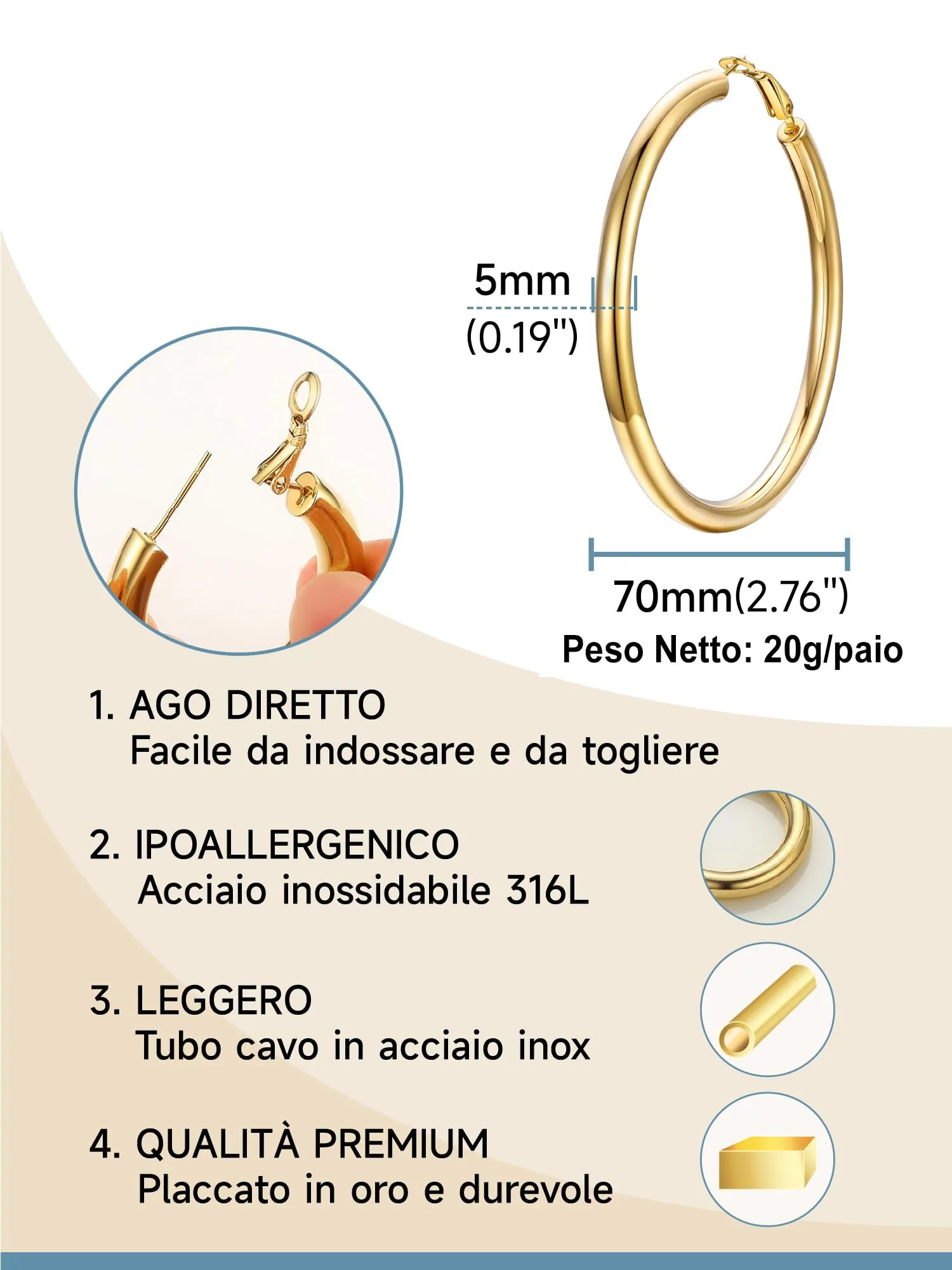PROSTEEL Orecchini a Cerchio in Oro, 70mm - immagine 3