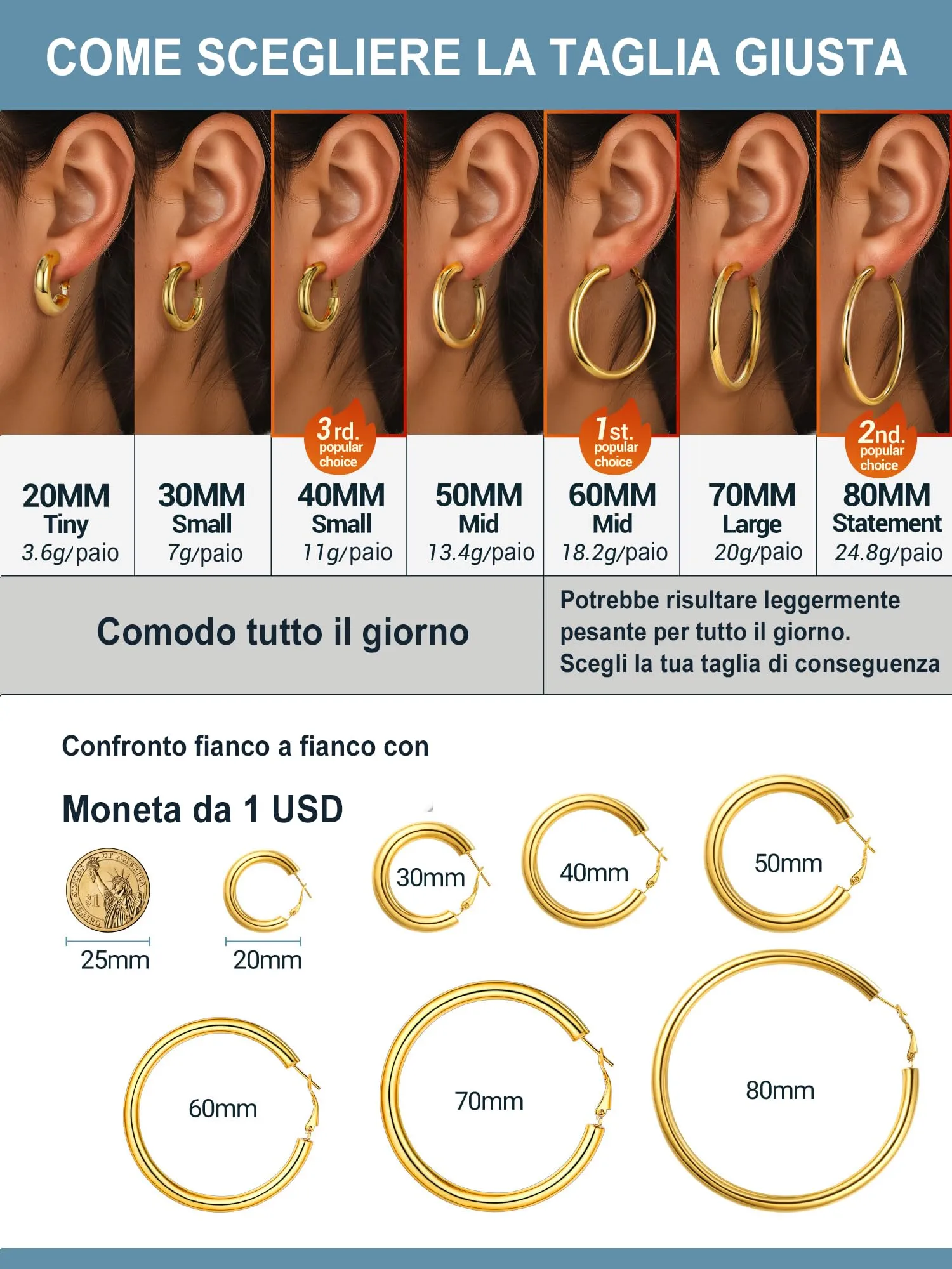 PROSTEEL Orecchini a Cerchio in Oro, 70mm - immagine 5