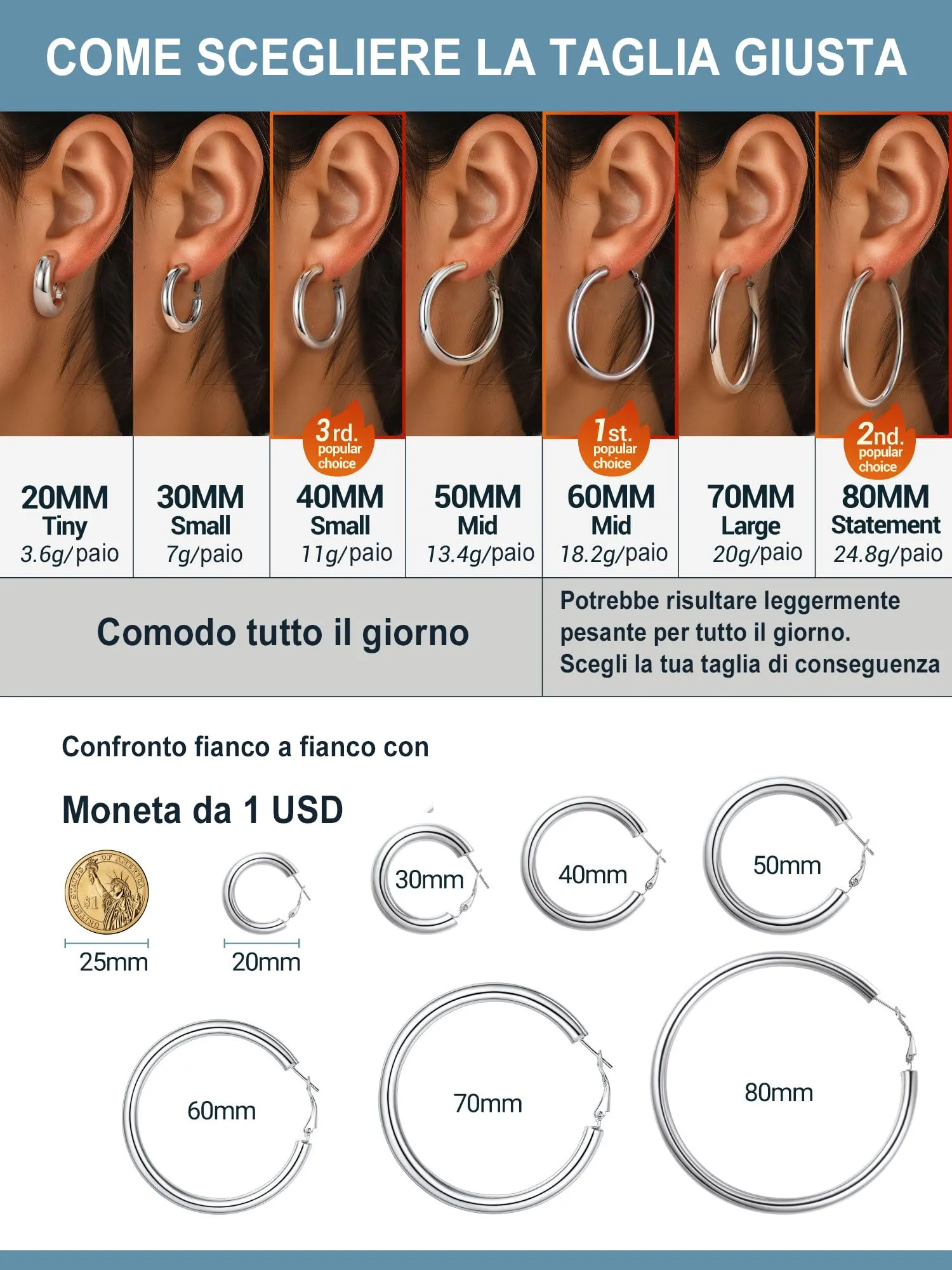 PROSTEEL Orecchini a cerchio da donna, spessore 5 mm, 70 mm, acciaio inox placcato oro 18 carati - immagine 3
