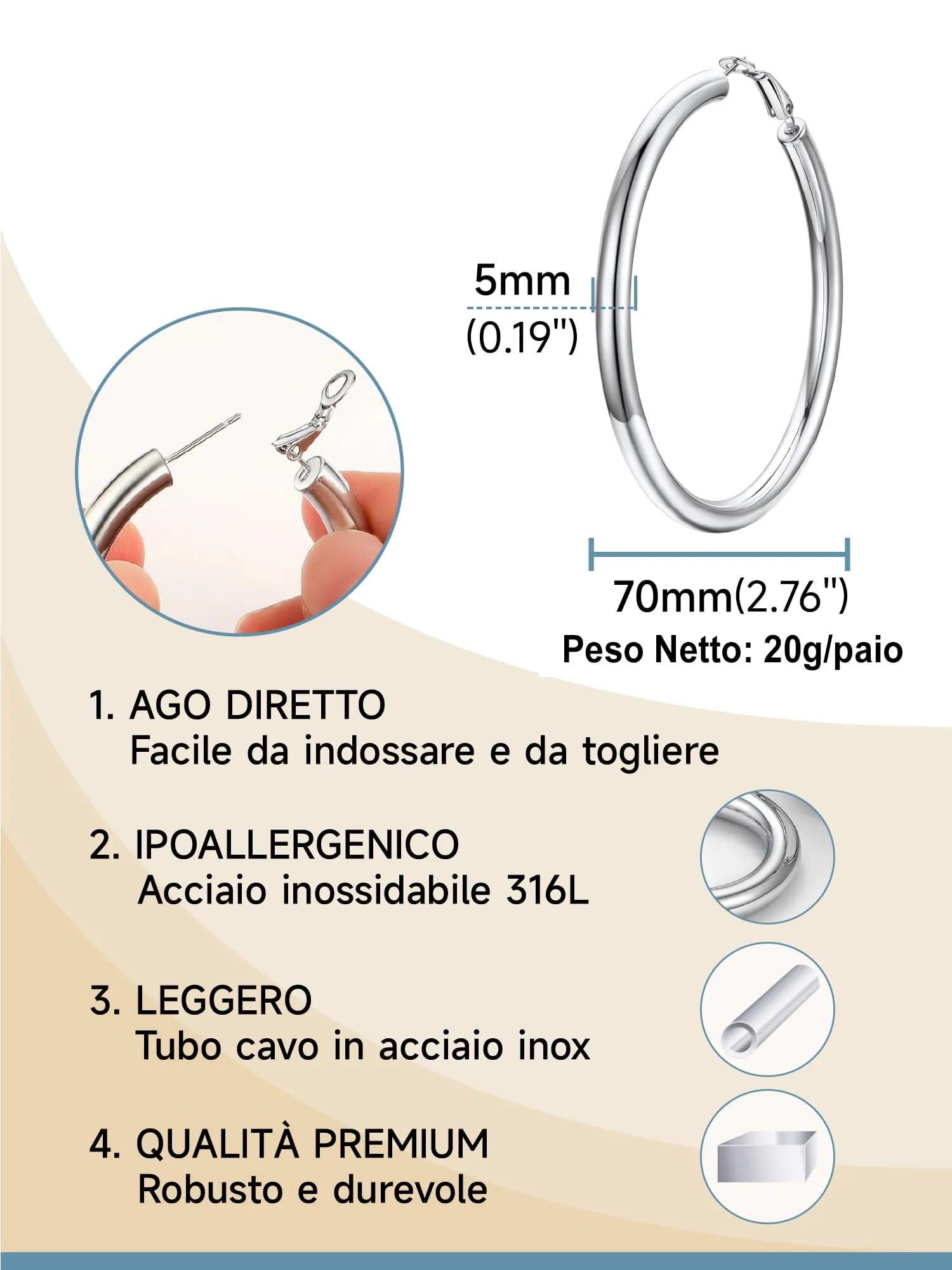 PROSTEEL Orecchini a cerchio da donna, spessore 5 mm, 70 mm, acciaio inox placcato oro 18 carati - immagine 5