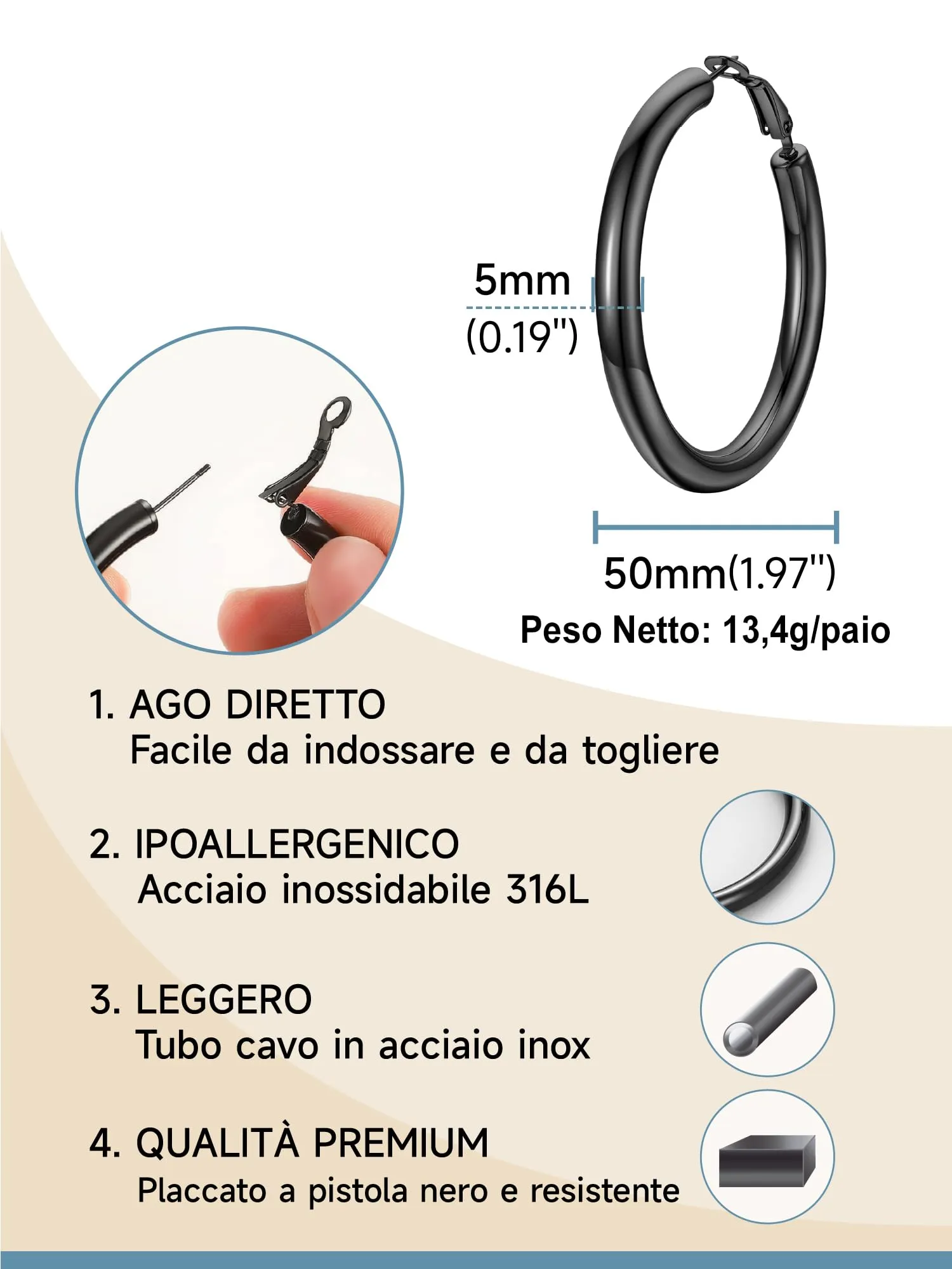 PROSTEEL Orecchini a Cerchio 50mm Nero - immagine 5