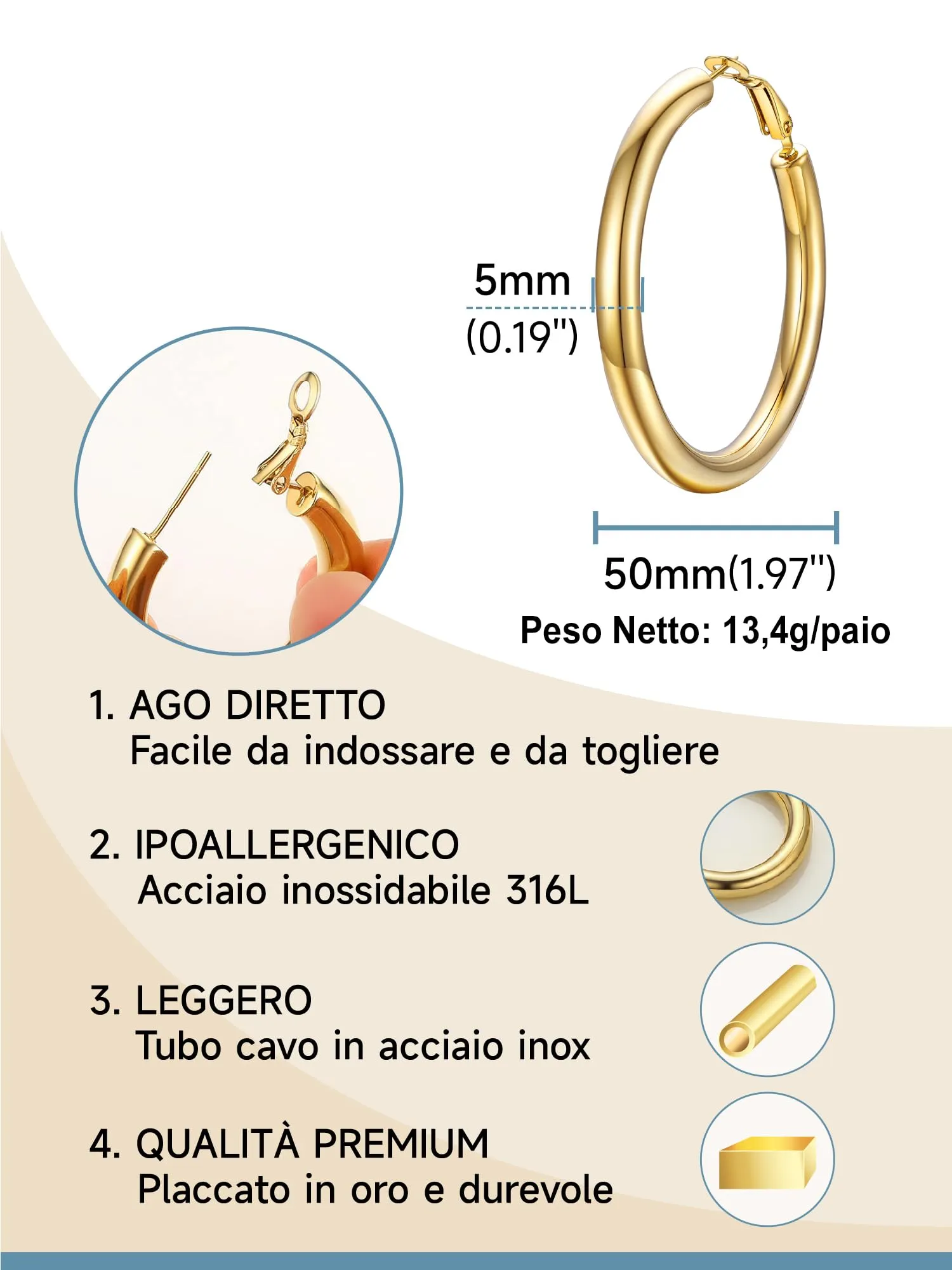 PROSTEEL Orecchini a Cerchio 50mm Oro - immagine 3