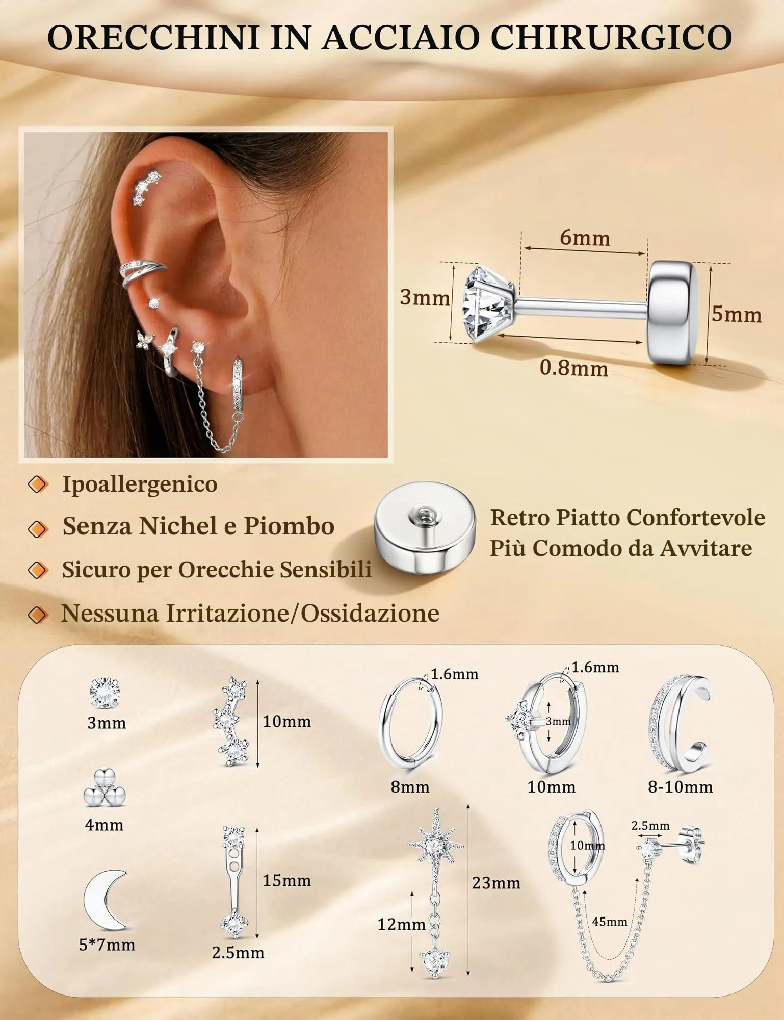 Milacolato Set 10 Paia Orecchini in Acciaio Chirurgico 316L Oro e Argento per Piercing Helix, Trago e Cartilagine - Ipoallergenico - CS - immagine 2