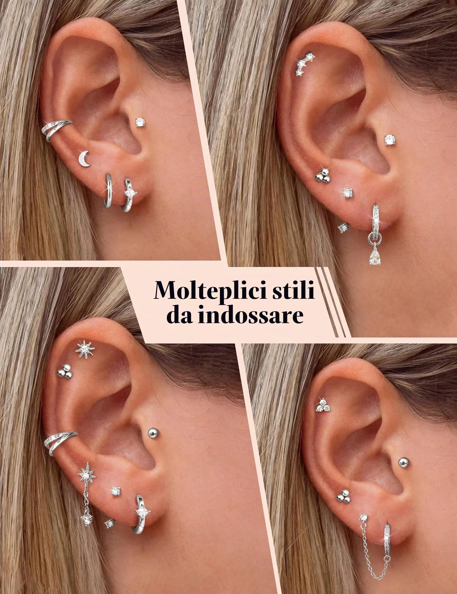 Milacolato Set 10 Paia Orecchini in Acciaio Chirurgico 316L Oro e Argento per Piercing Helix, Trago e Cartilagine - Ipoallergenico - CS - immagine 4