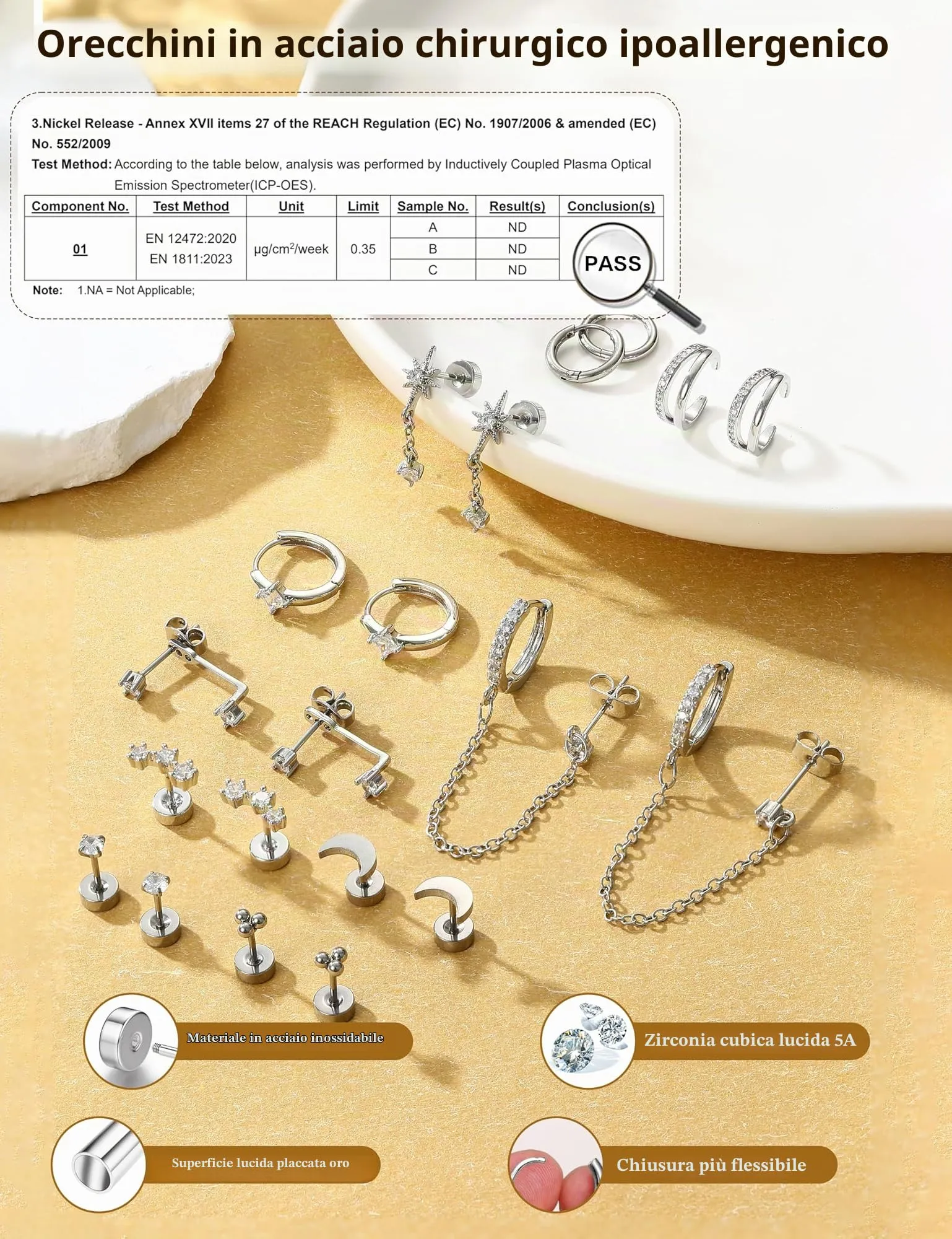 Milacolato Set 10 Paia Orecchini in Acciaio Chirurgico 316L Oro e Argento per Piercing Helix, Trago e Cartilagine - Ipoallergenico - CS - immagine 5