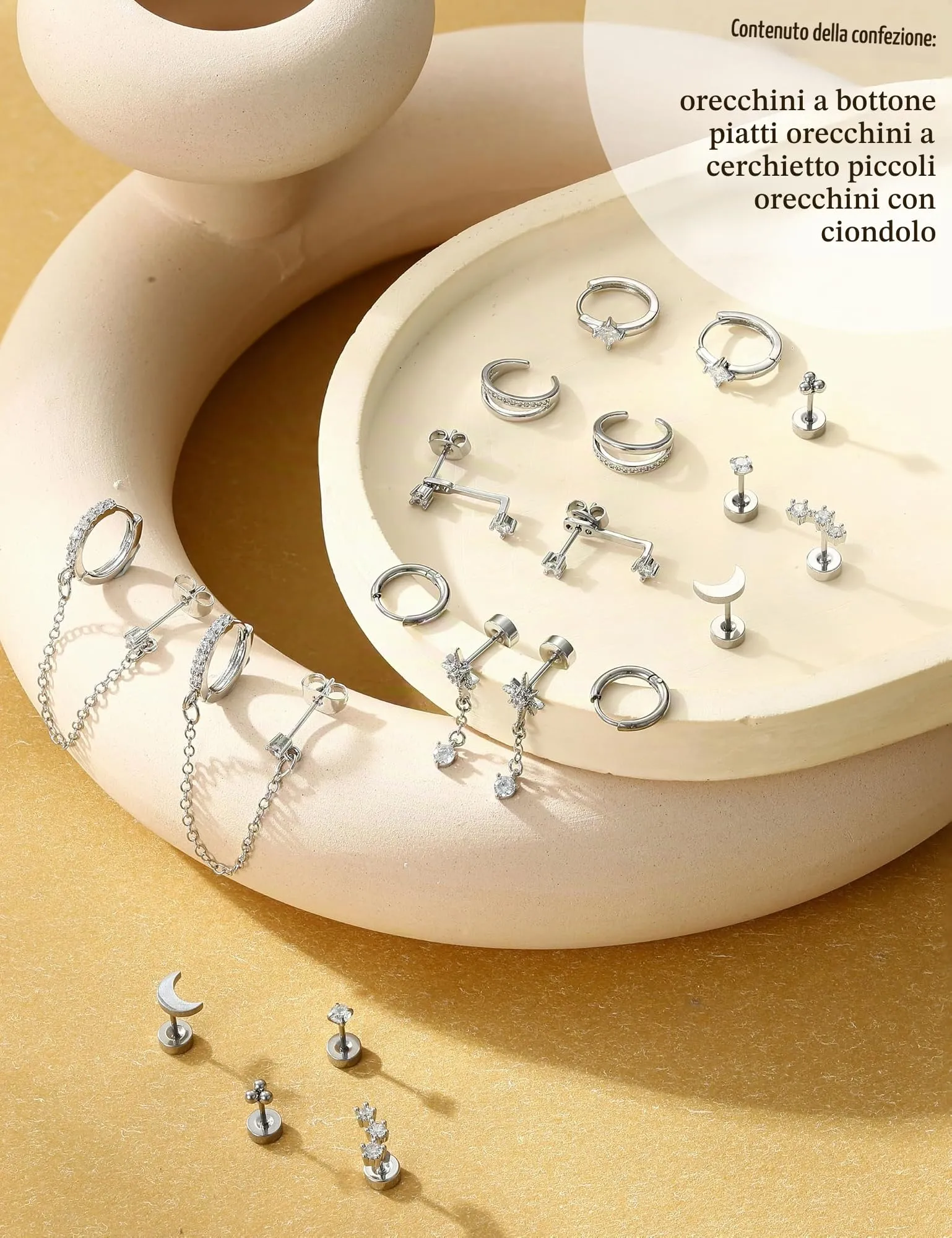 Milacolato Set 10 Paia Orecchini in Acciaio Chirurgico 316L Oro e Argento per Piercing Helix, Trago e Cartilagine - Ipoallergenico - CS - immagine 6