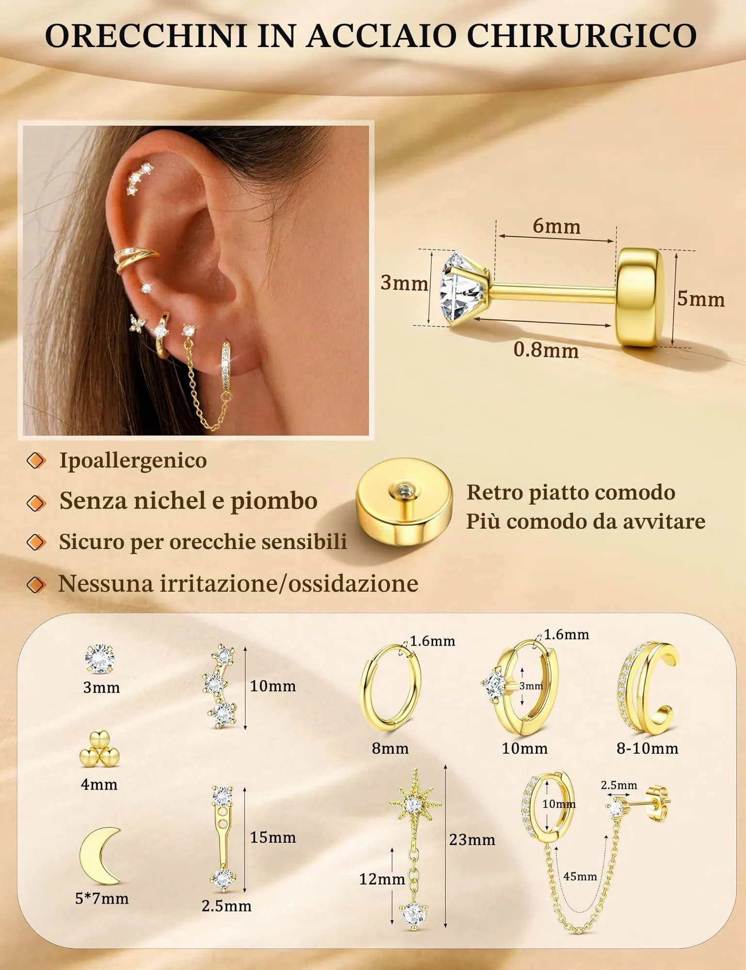 Milacolato Set 10 Paia Orecchini in Acciaio Chirurgico 316L Oro e Argento per Piercing Helix e Trago - immagine 2