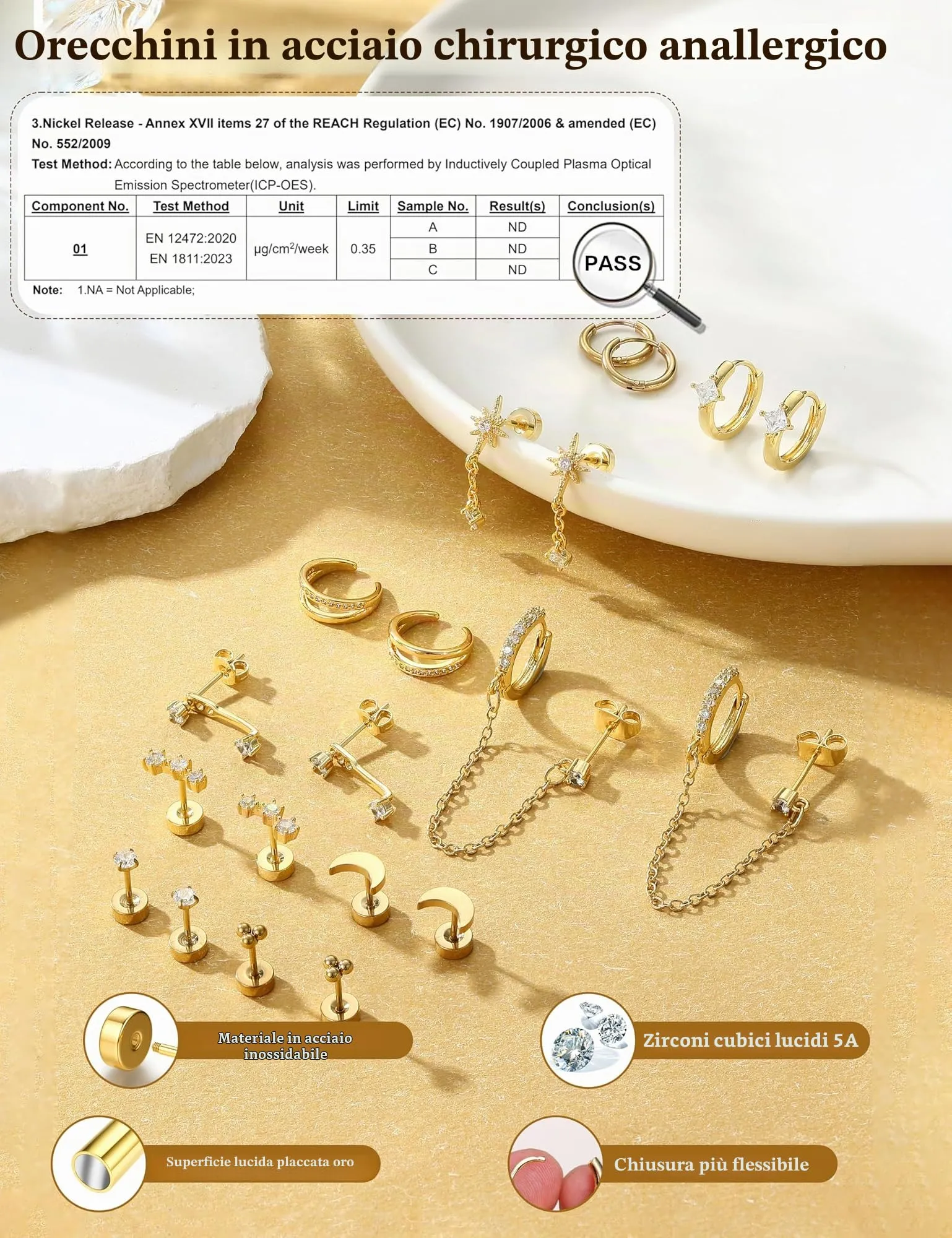 Milacolato Set 10 Paia Orecchini in Acciaio Chirurgico 316L Oro e Argento per Piercing Helix e Trago - immagine 5