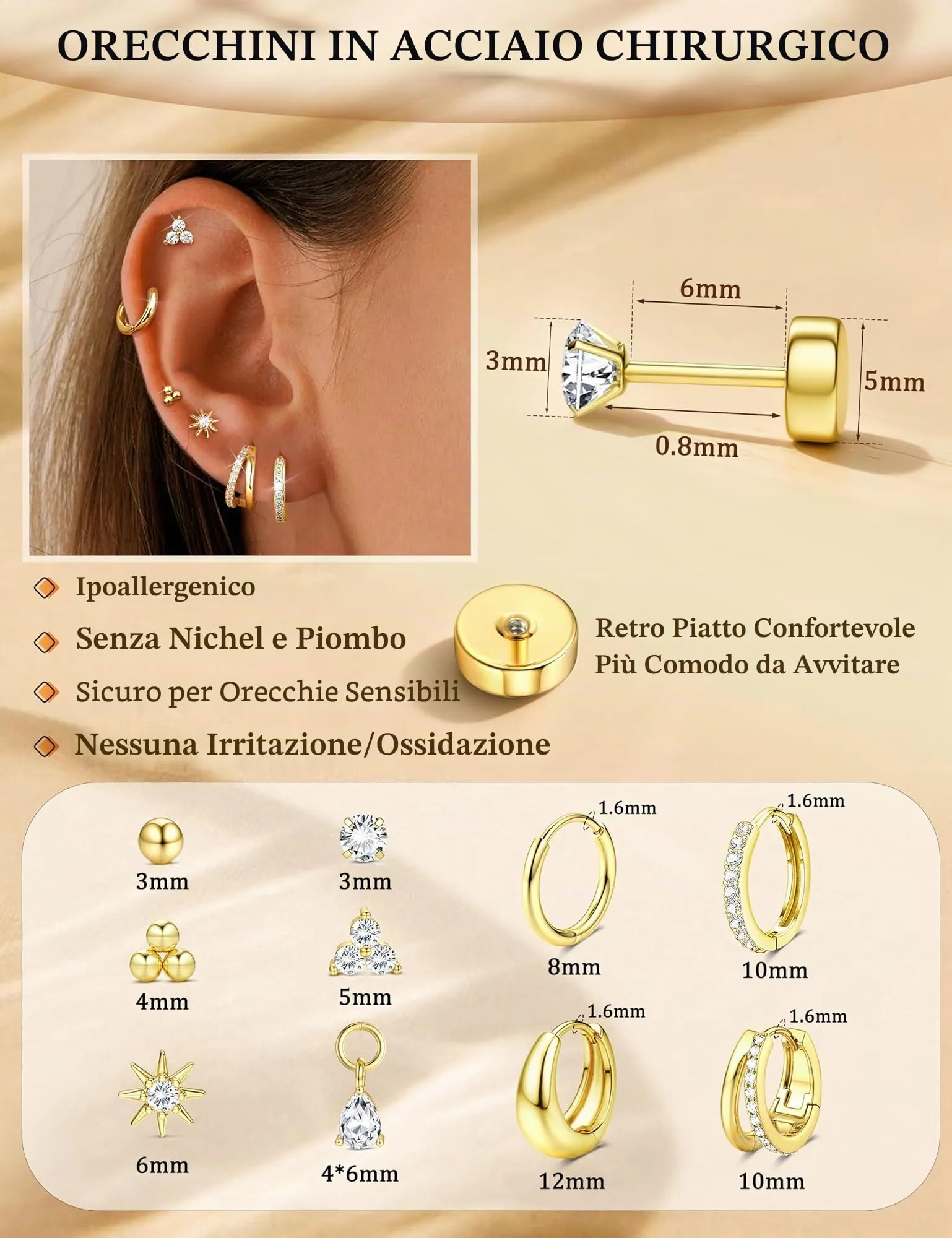 Milacolato Set 10 Paia Orecchini in Acciaio Chirurgico Oro e Argento per Helix, Trago e Piercing Multipli - AG - immagine 2